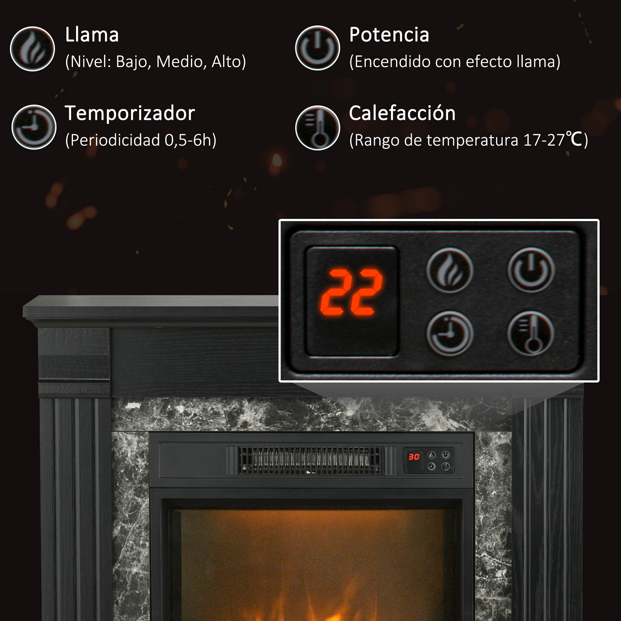 Chimenea eléctrica con pantalla digital que muestra '22'. Controles y efecto de llama visibles.