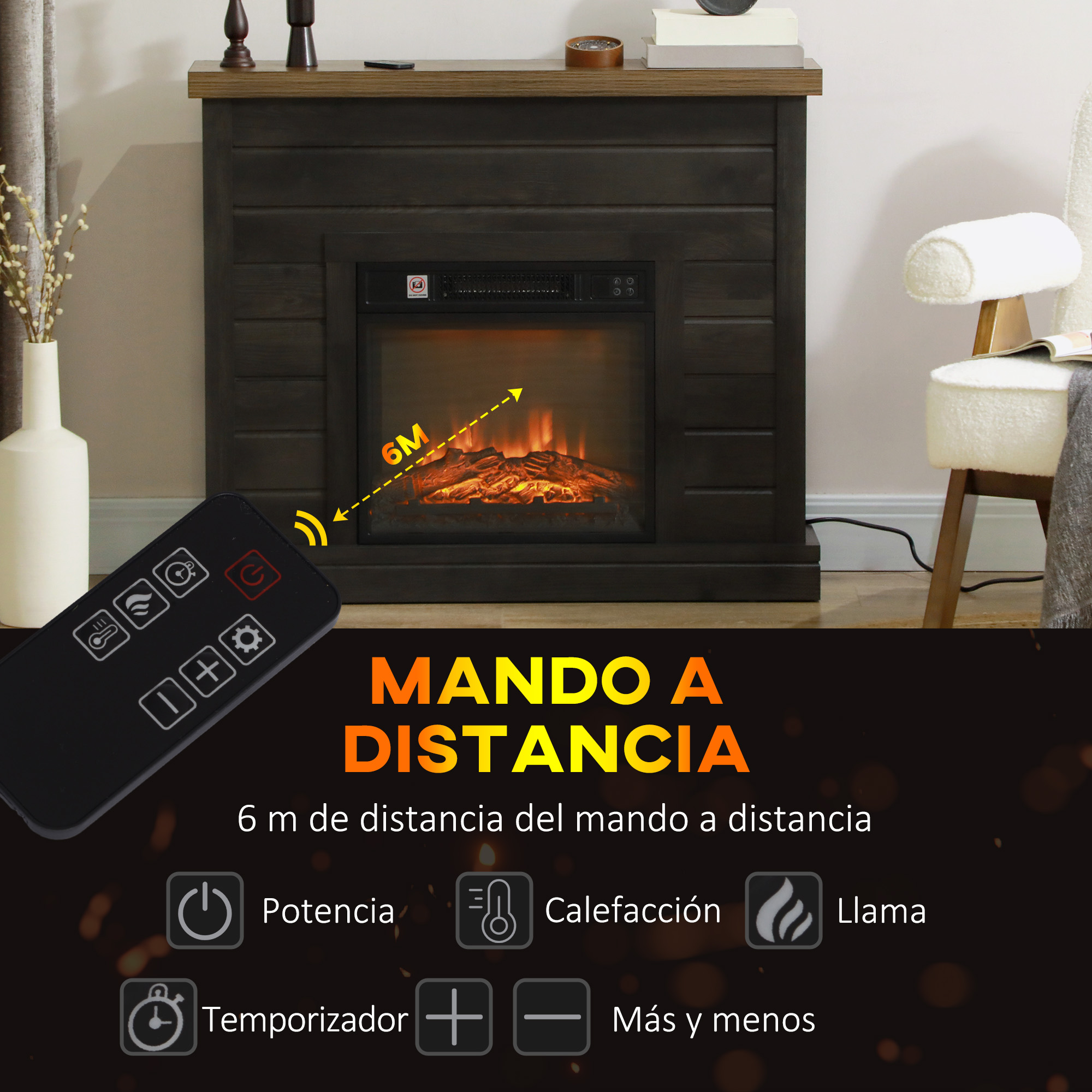 Una chimenea con un control remoto y superposición de texto.