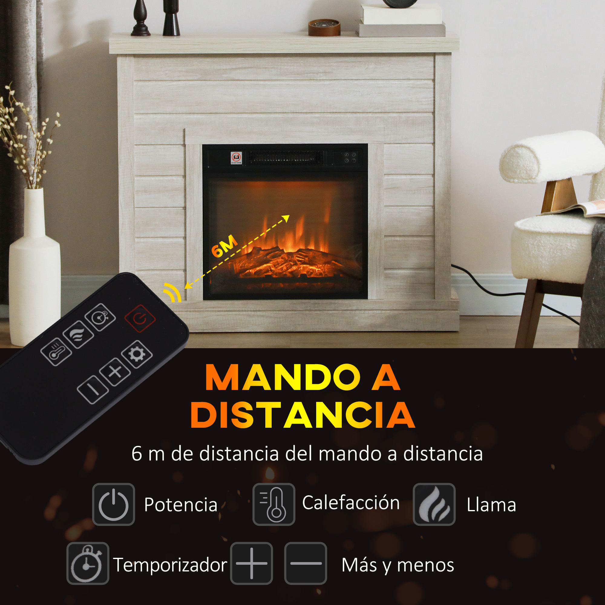 Chimenea con llamas y control remoto. Texto: Mando a Distancia, distancia 6m e iconos de control.