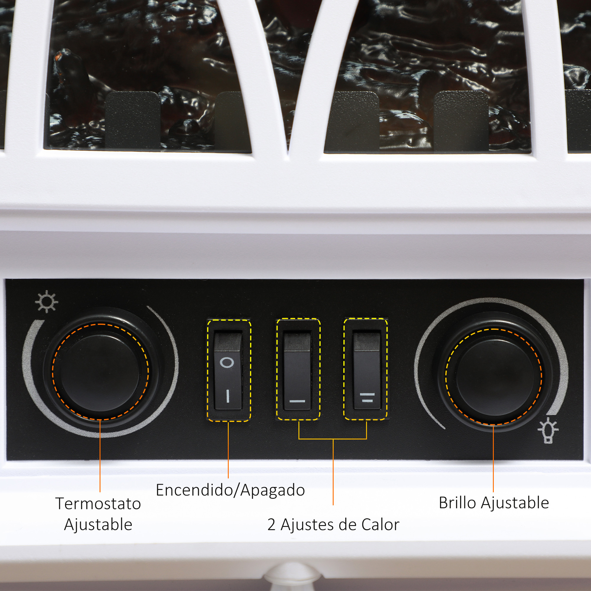 Primer plano de los controles de la chimenea eléctrica: termostato ajustable, encendido y ajustes de calor.
