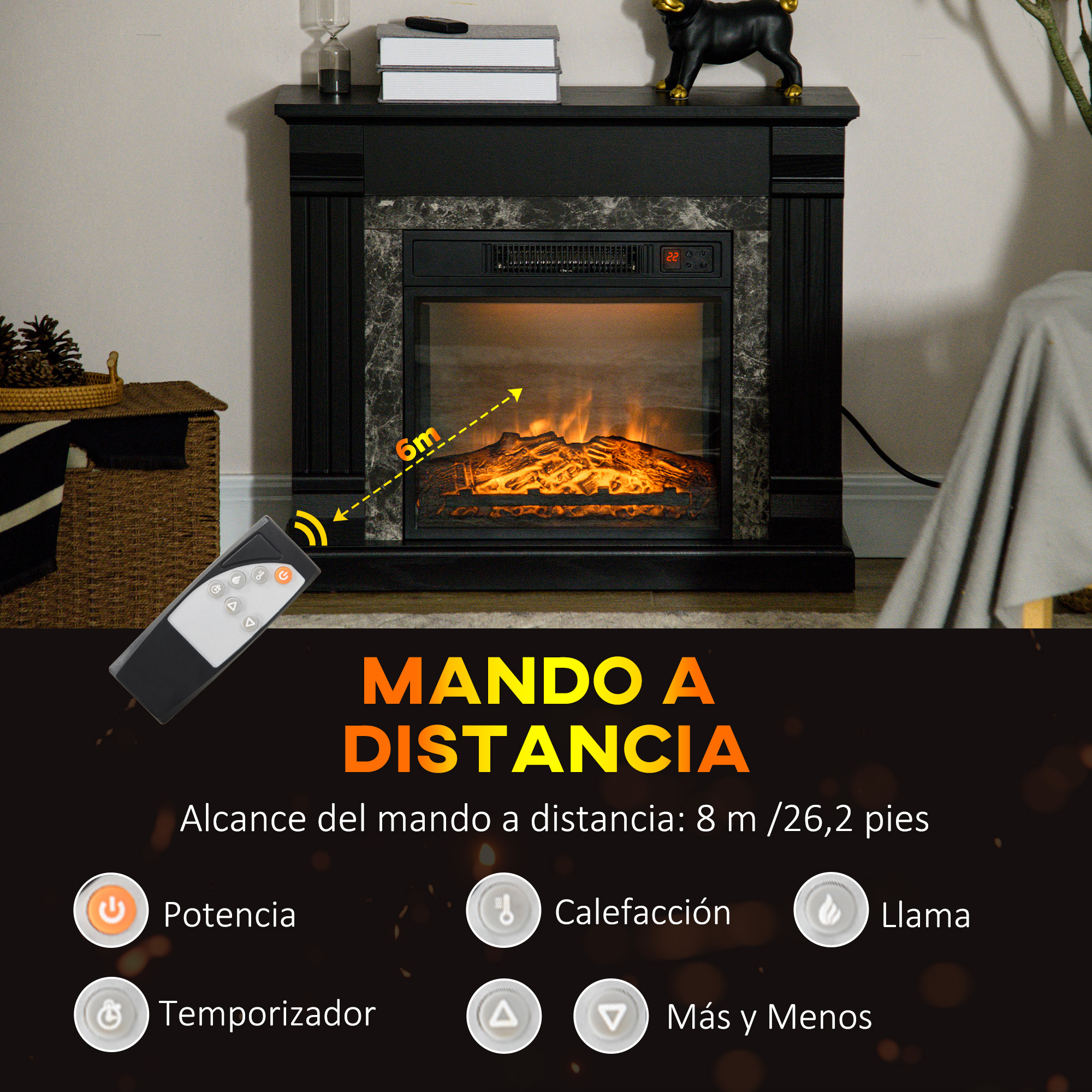 Chimenea eléctrica con mando a distancia. Texto en español con alcance y funciones del mando.