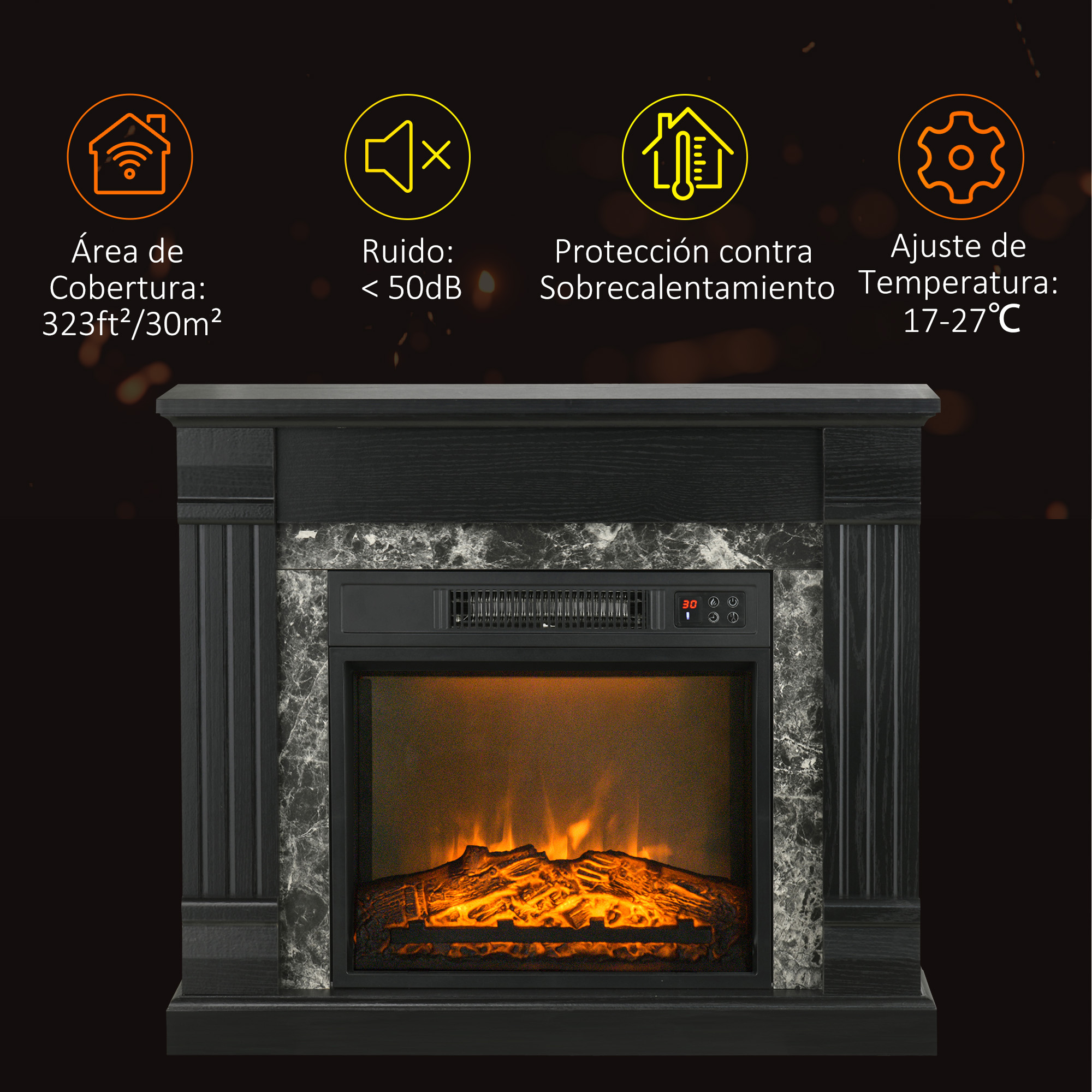 Una chimenea eléctrica negra con diseño de mármol, mostrando las características del dispositivo.