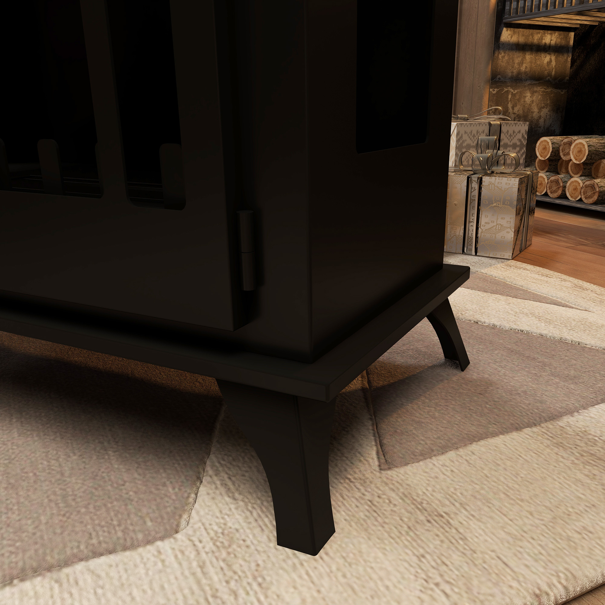 Caminetto nero con base in legno, su un tappeto. Ceppi sullo sfondo vicino alle casse.