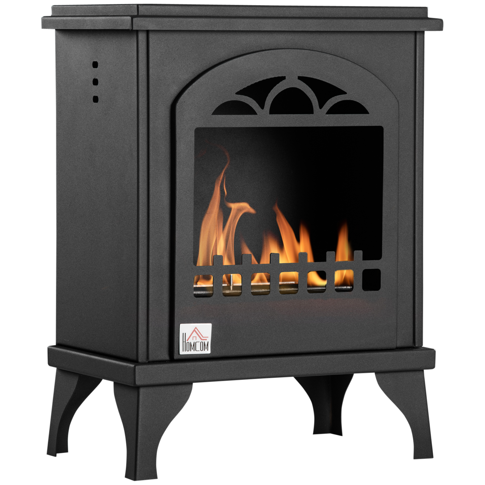 Caminetto nero con fiamme, dettagli decorativi e logo Homecom.