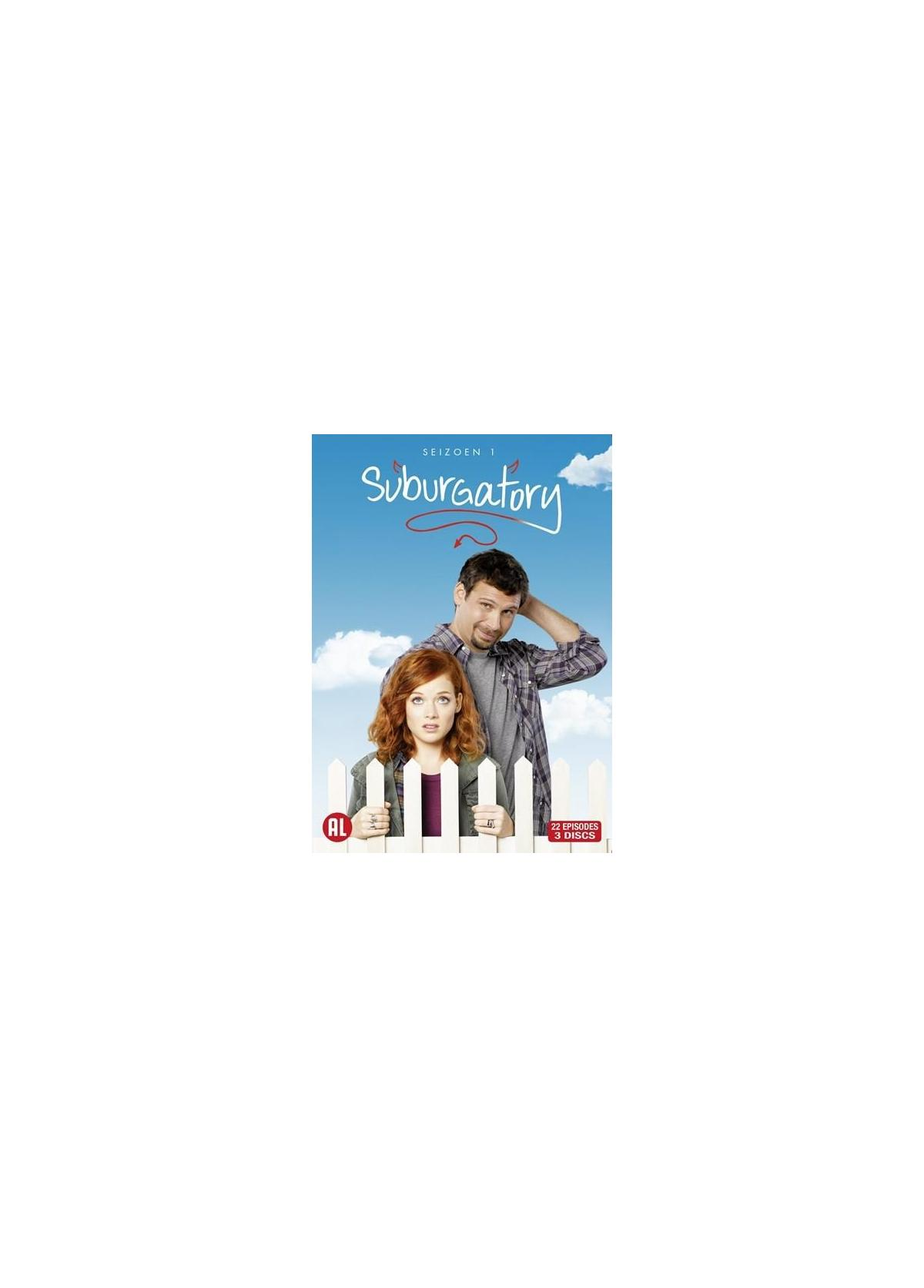 Pochette de DVD pour "Suburgatory". Un homme et une femme sont devant une clôture. Le ciel est bleu.