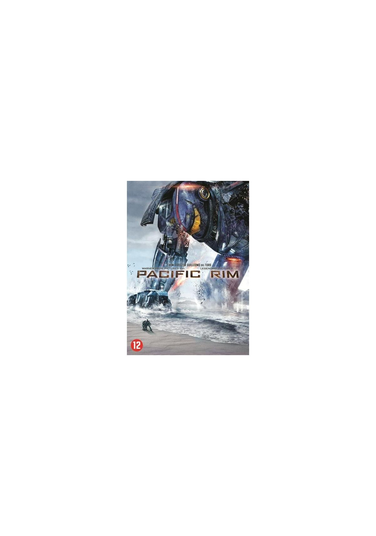 Couverture de film : 'Pacific Rim'. Un robot géant combattant, avec une petite figurine au premier plan.