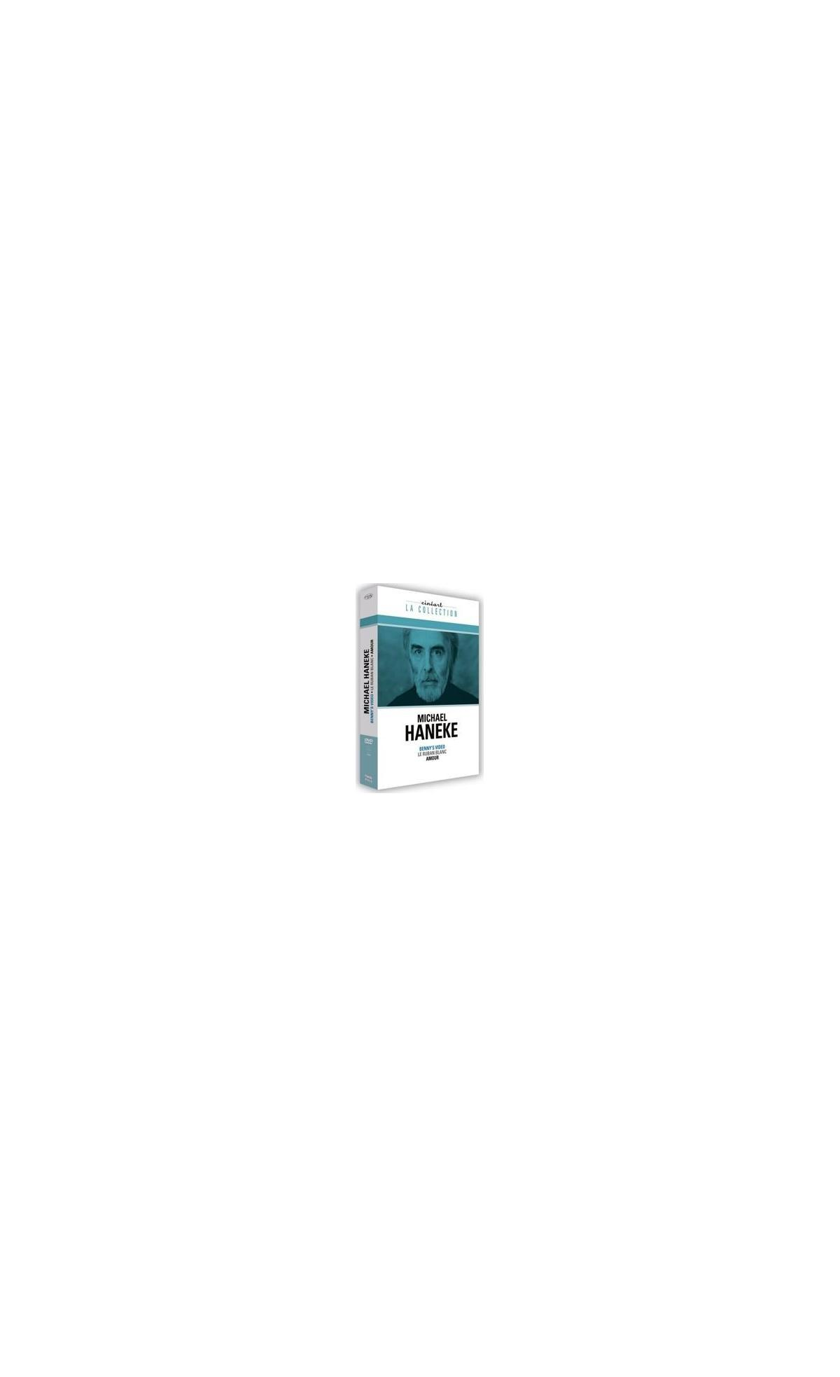 Couverture de livre avec le visage d'un homme et du texte. Il s'agit d'une collection de films de Michael Haneke.
