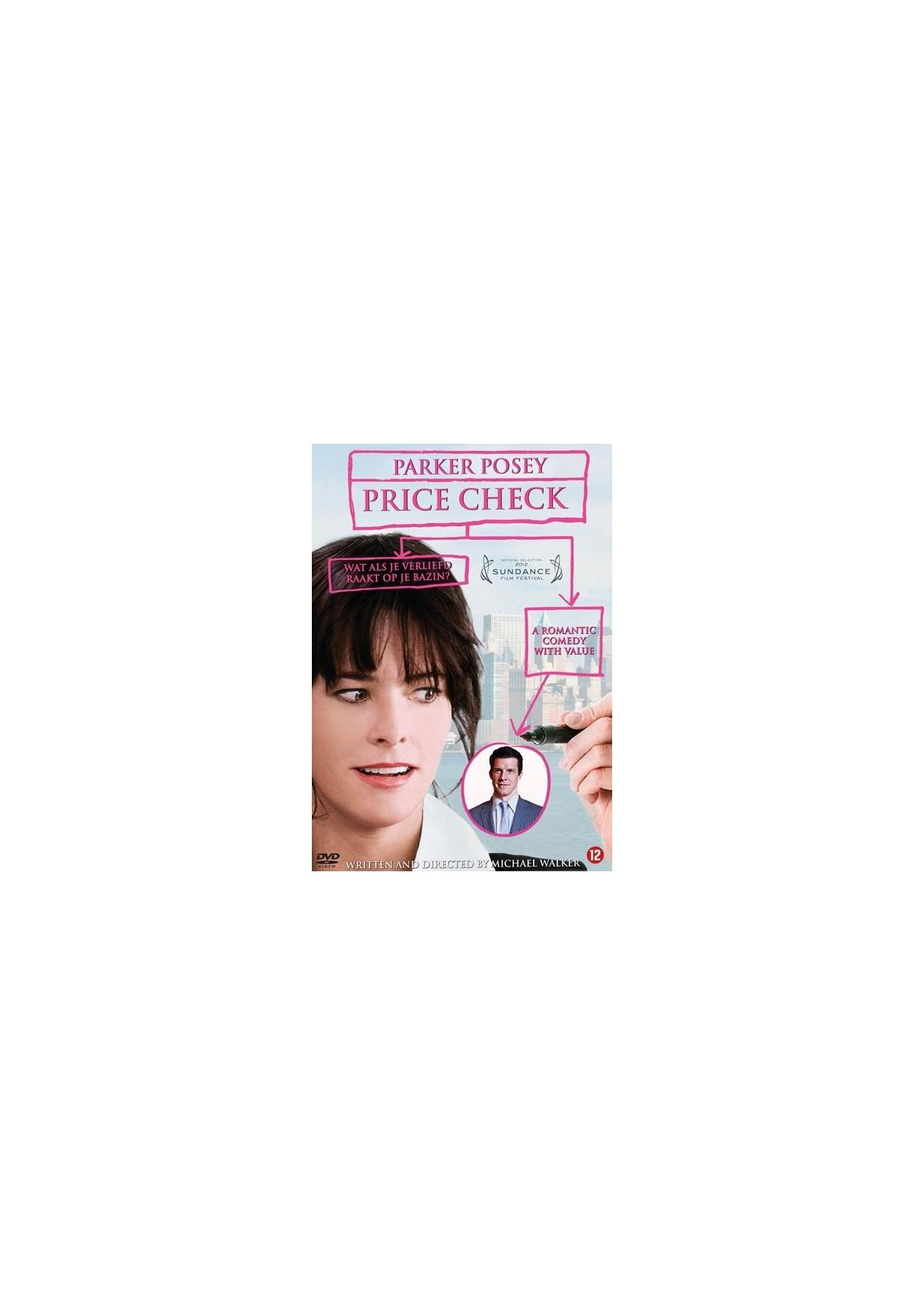 Affiche de film: Parker Posey, Price Check, avec un homme et du texte sur fond rose.