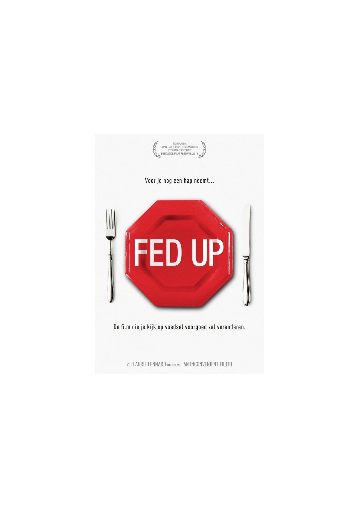 Affiche de film, assiette rouge avec texte 'FED UP' entre fourchette et couteau.