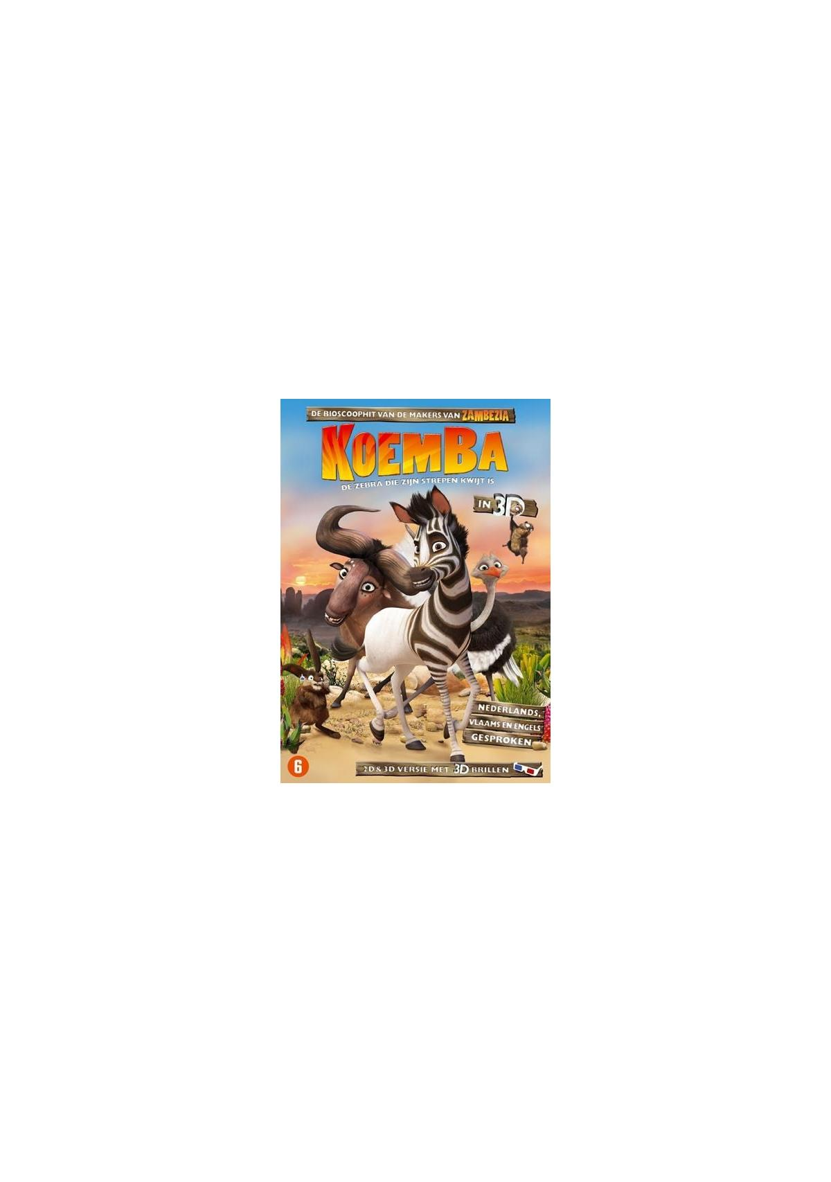 Een dvd-hoes met een zebra en andere cartoon dieren. De titel is Koemba.