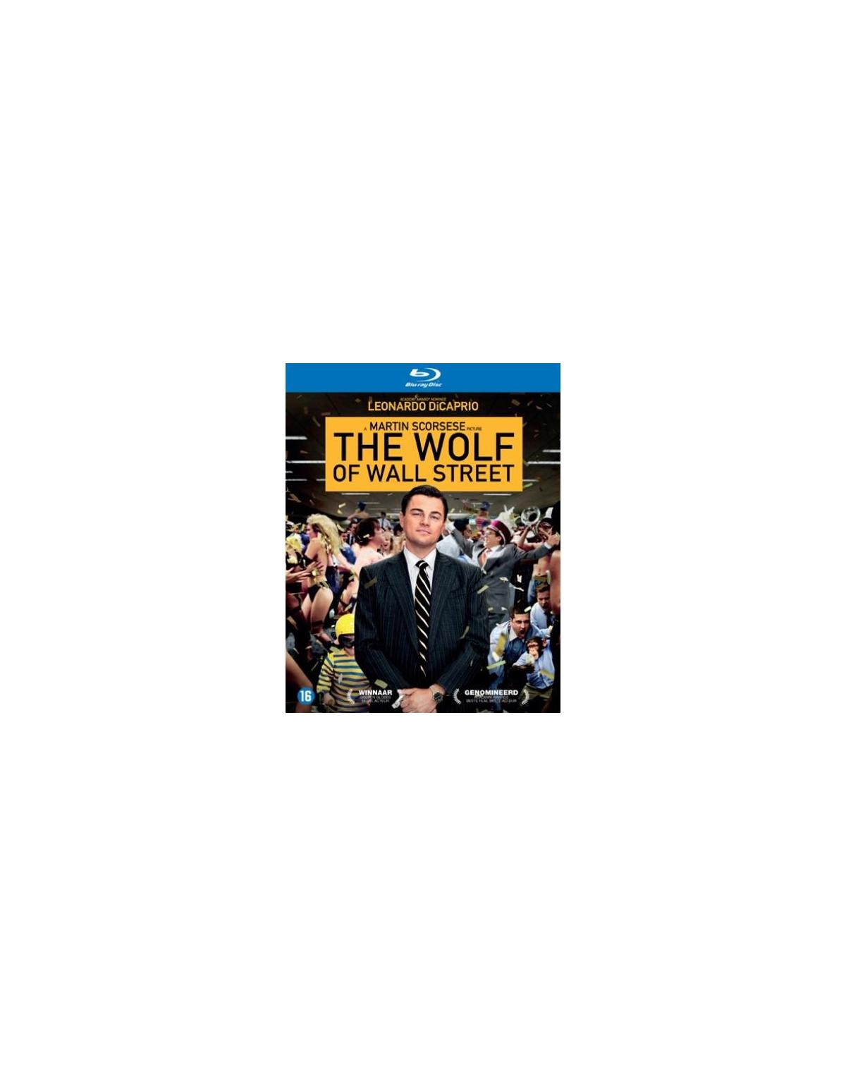 Affiche du film 'Le Loup de Wall Street' avec Leonardo DiCaprio et une foule de personnes.