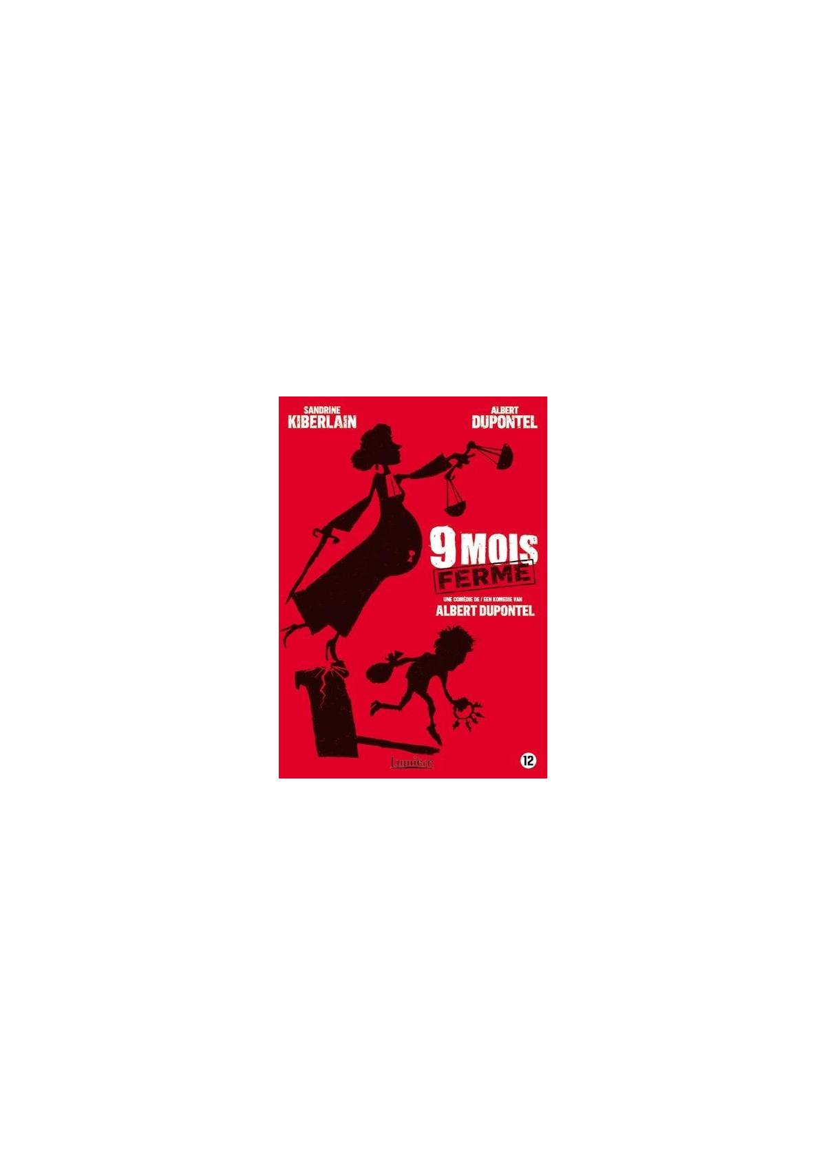 L'image montre une affiche de film sur fond rouge. Titre : 9 mois ferme. Deux silhouettes sont présentées.
