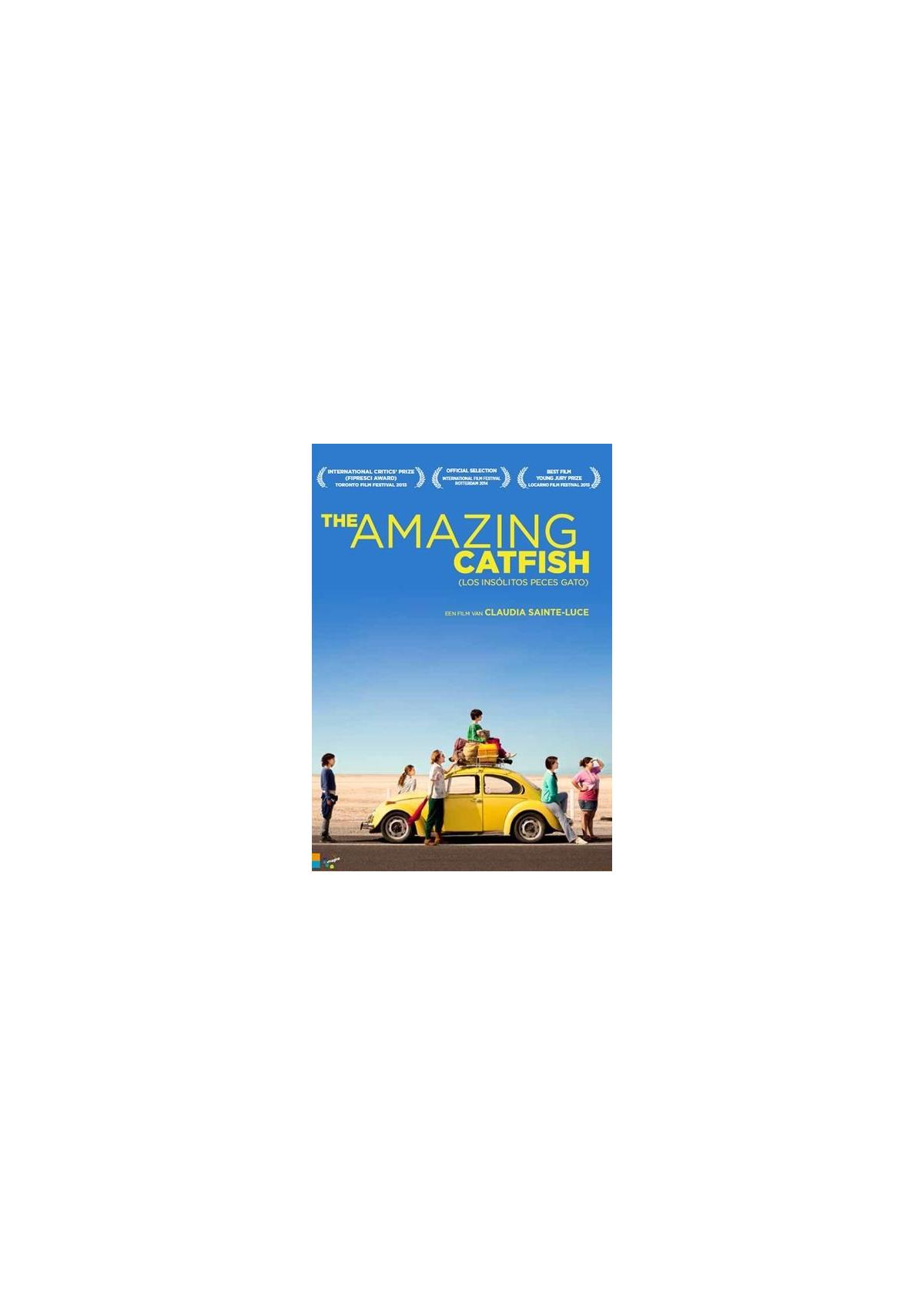 Affiche de film : Une voiture jaune avec des gens dessus. Le titre est 'The Amazing Catfish'.