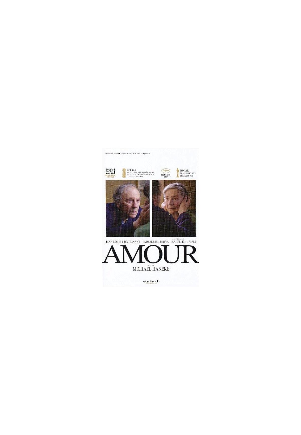 Affiche du film 'Amour', avec deux personnes âgées, avec du texte en dessous.