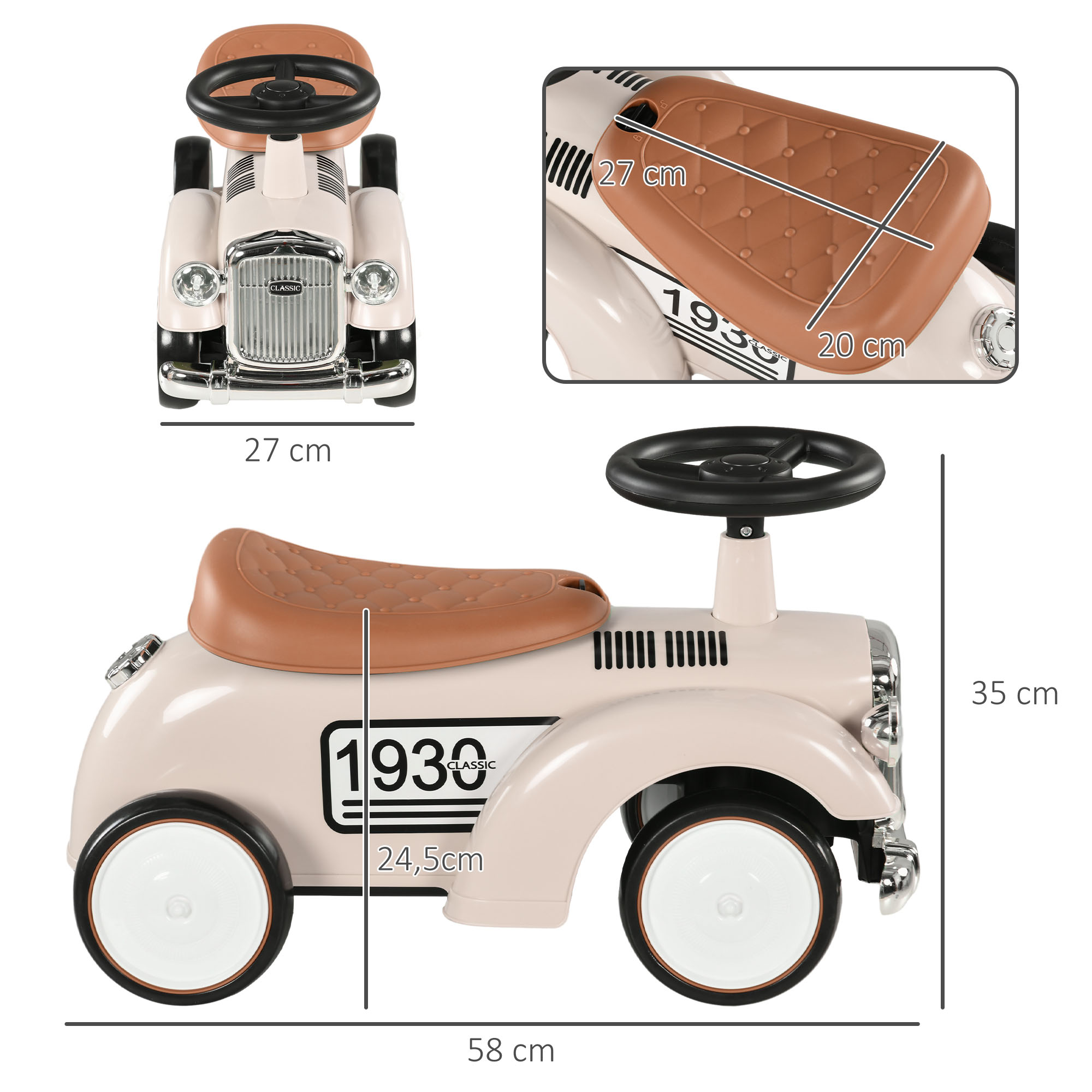 Coche de juguete con medidas. Color beige con ruedas negras, asiento marrón y detalles cromados.