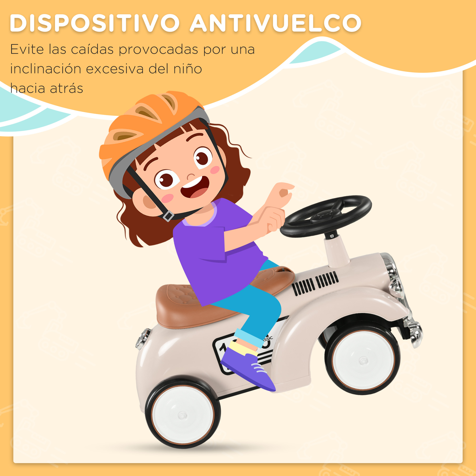 Un niño de dibujos animados monta un coche de juguete. Lleva un casco. Texto sobre el dispositivo antivuelco.