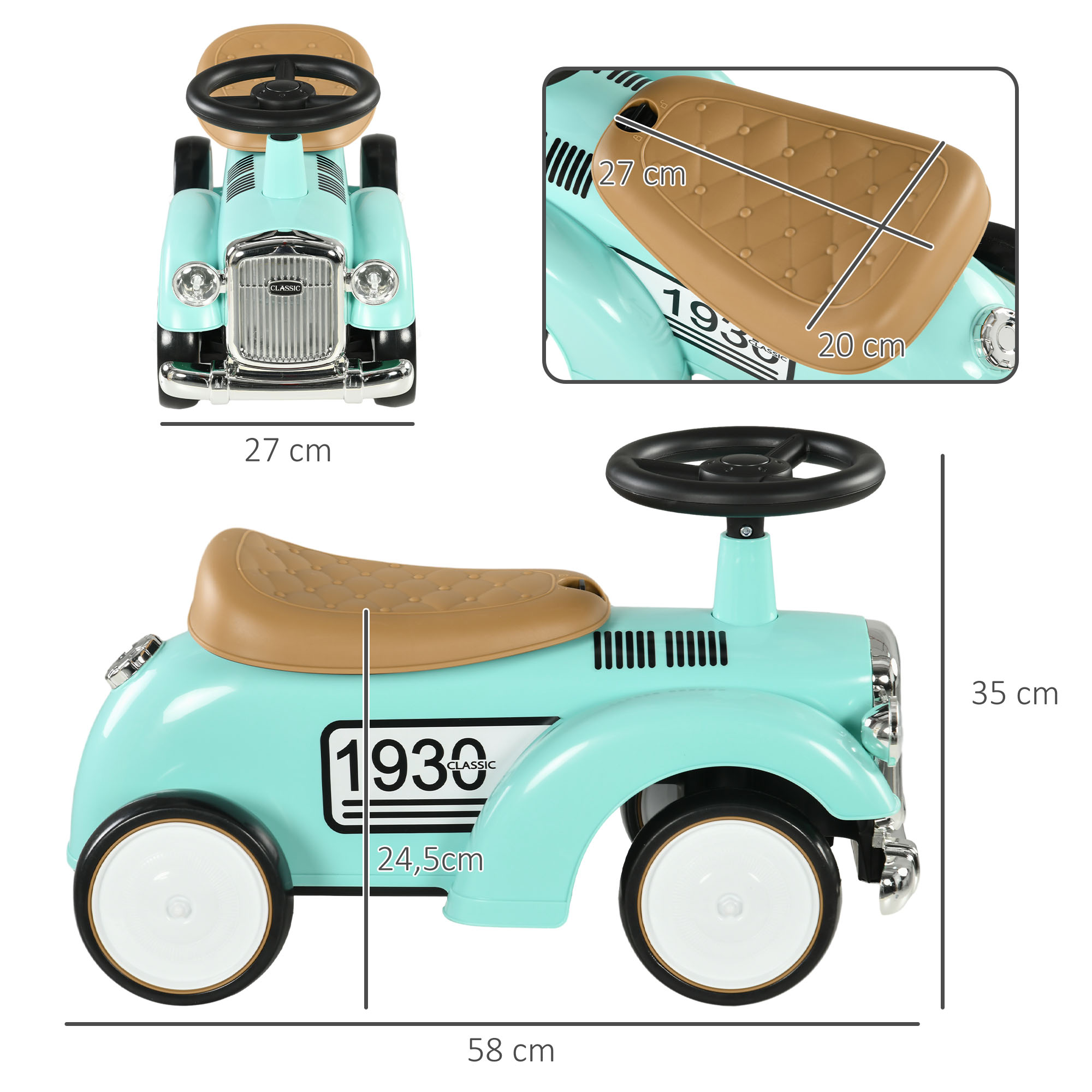 Coche de juguete azul con asiento marrón, dimensiones mostradas. Diseño años 30 con ruedas blancas.