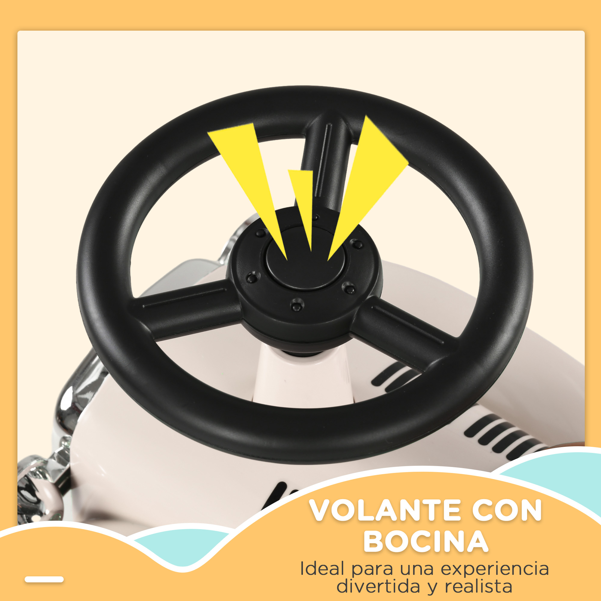 Volante negro con gráfico de rayo amarillo. Es parte de un coche de juguete.