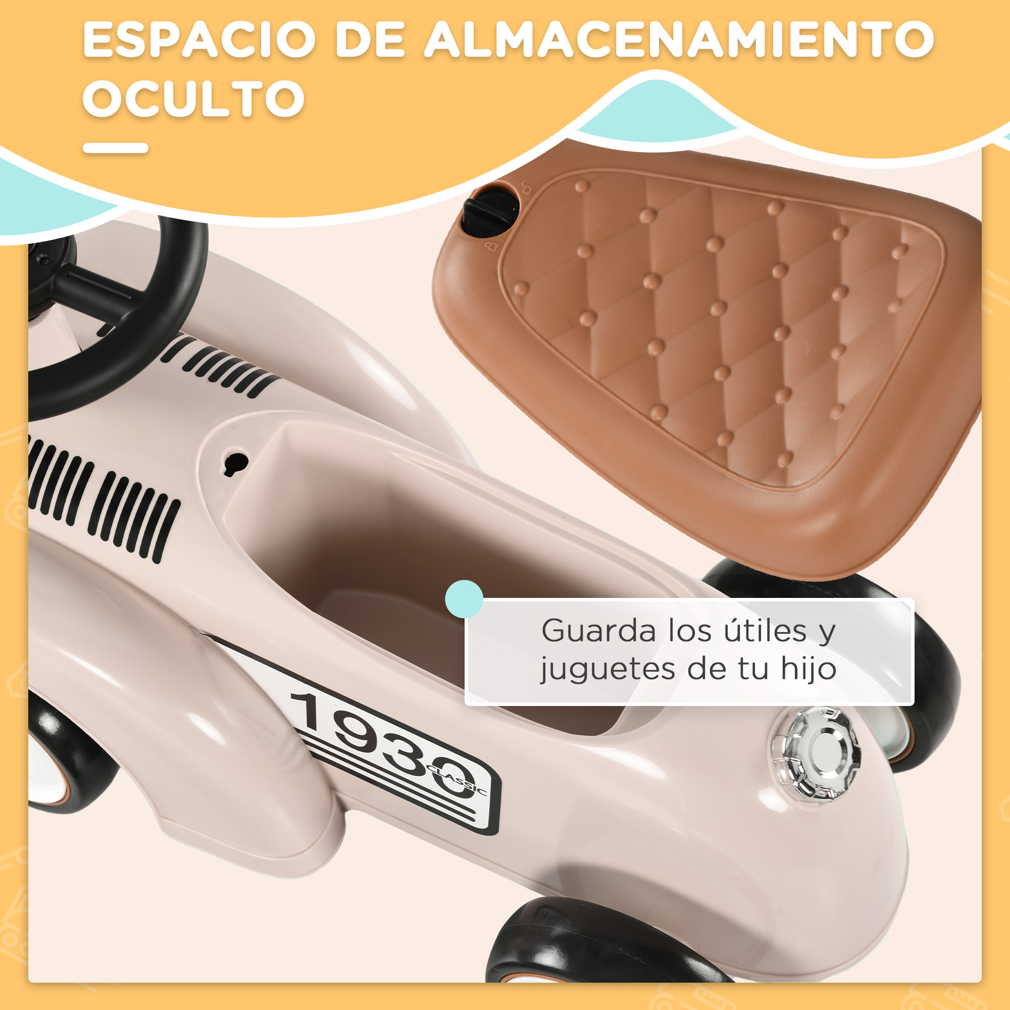 Coche de juguete con almacenamiento oculto, tapa abierta, asiento beige.