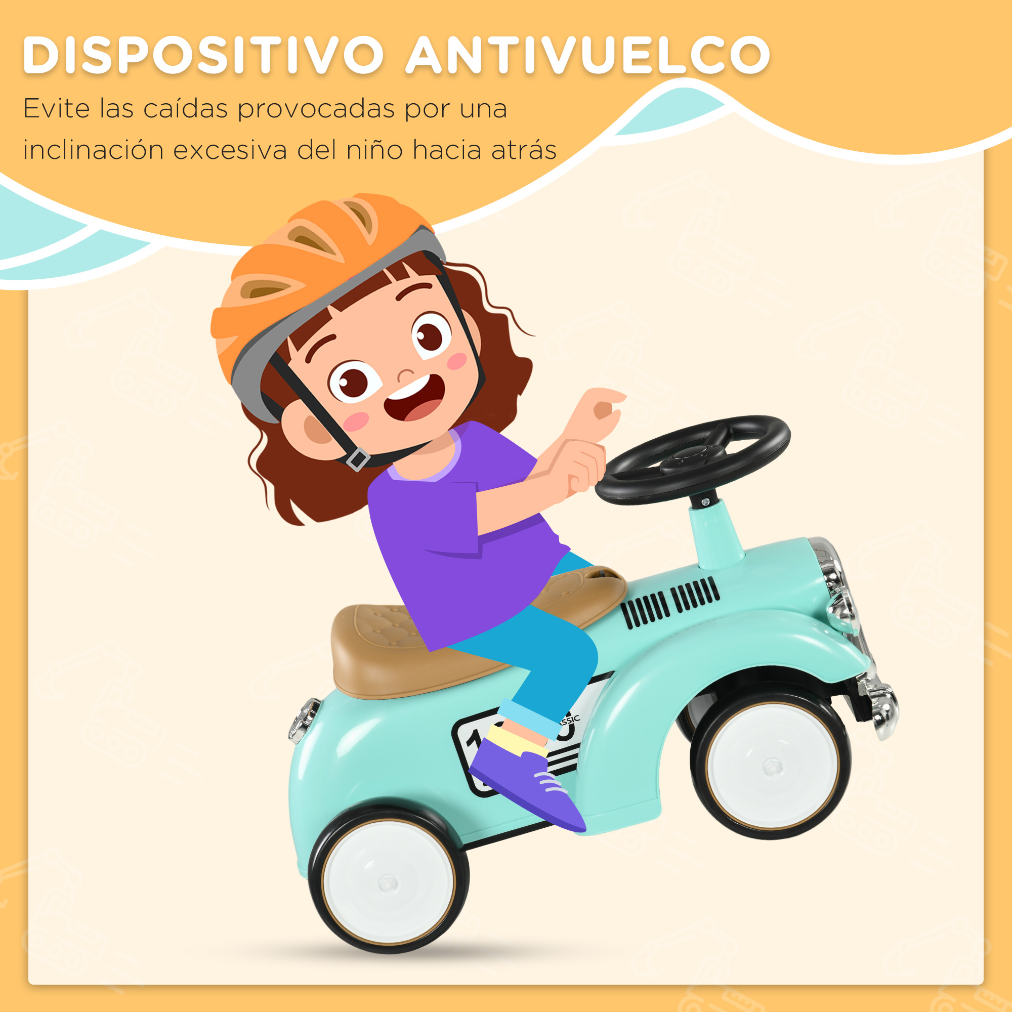 Una niña de dibujos animados con casco monta en un coche de juguete azul claro, diseñado para evitar vuelcos.