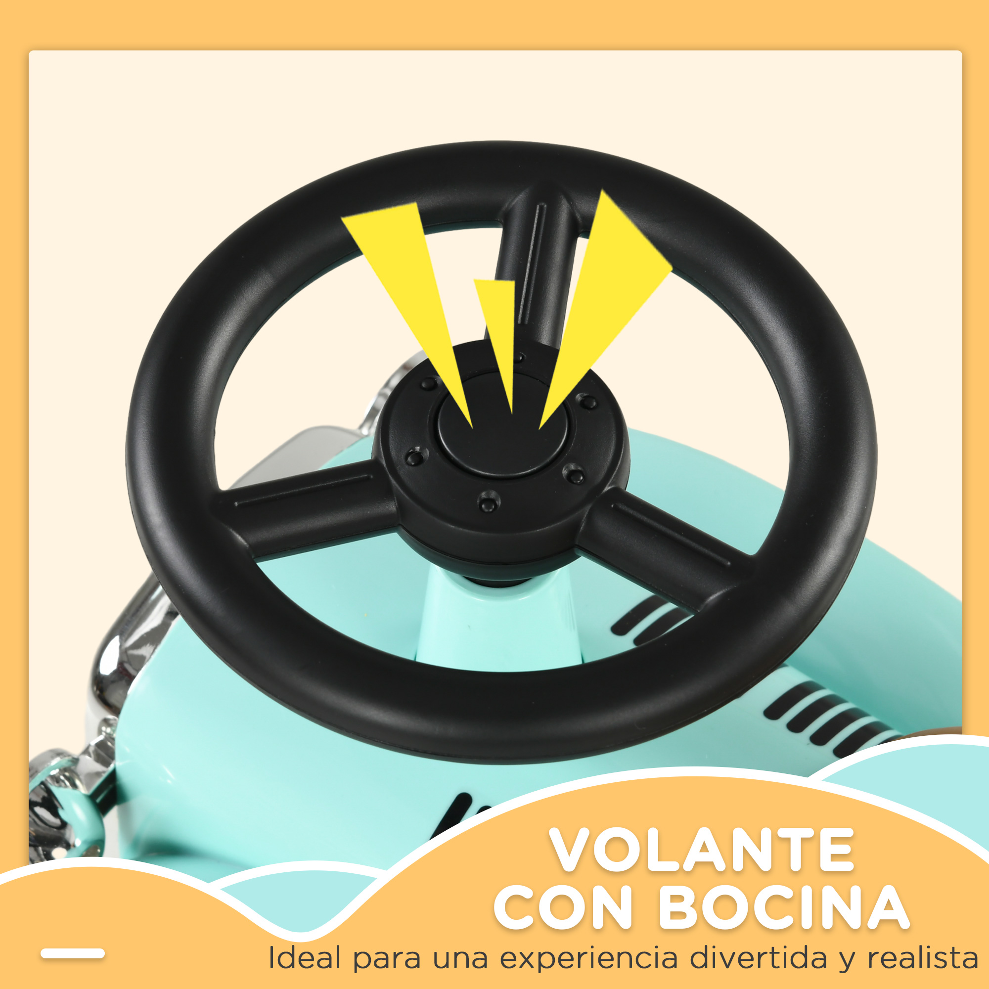 Se muestra el volante negro de un coche de juguete. Rayos amarillos en el volante.