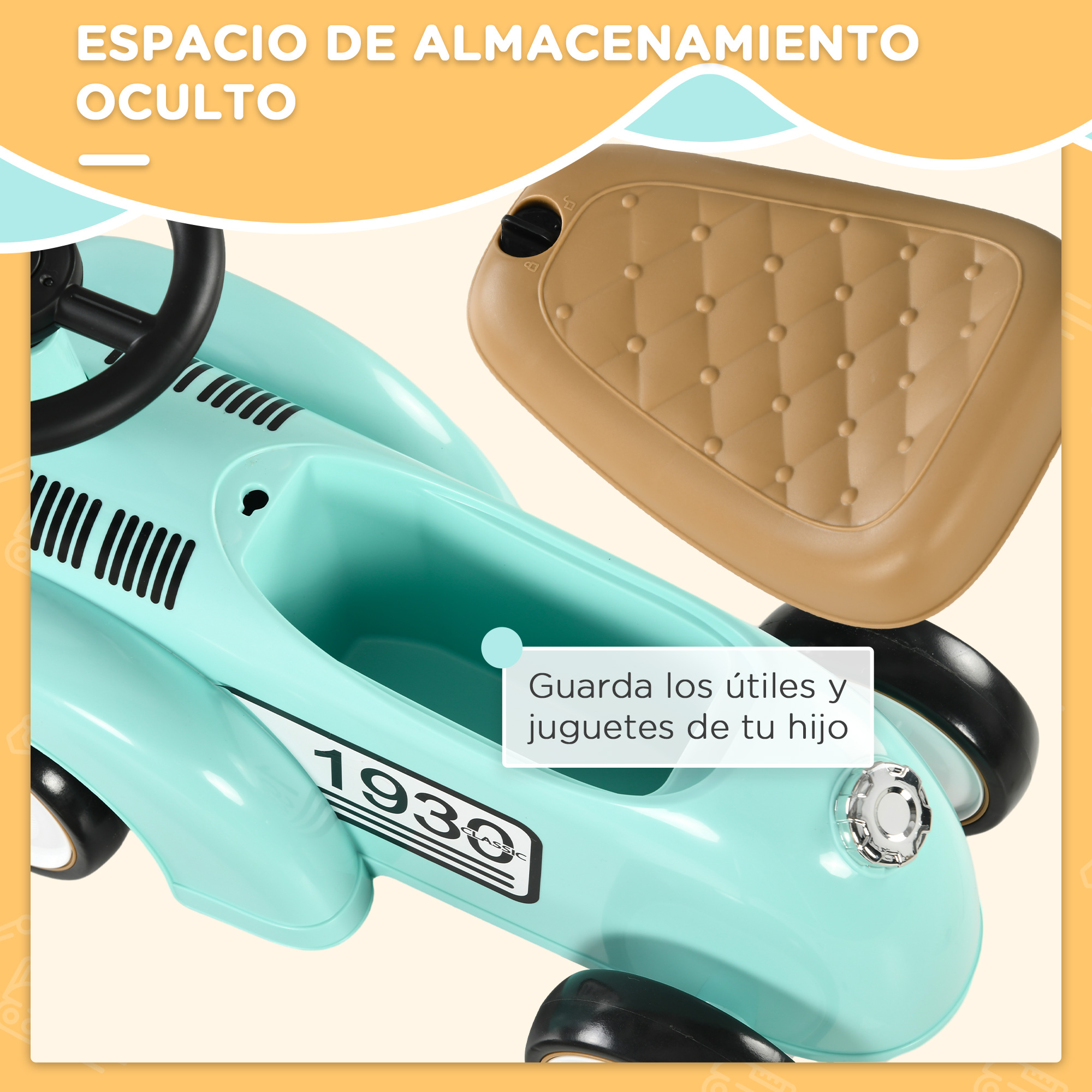 Un coche de juguete azul con asiento beige y compartimento para juguetes. Lee 1930.