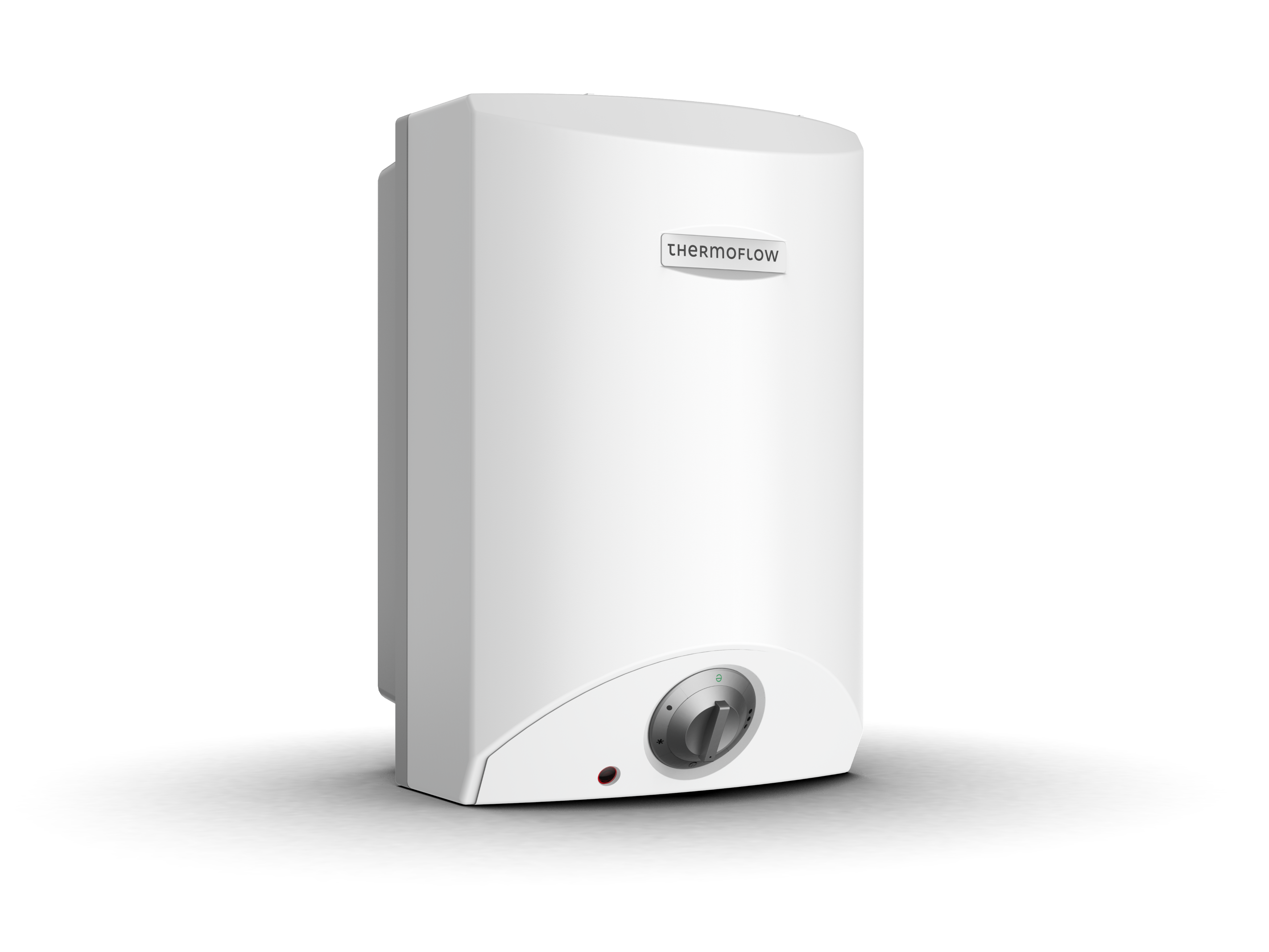 Ein weißer Thermoflow-Wassererhitzer mit Drehregler und rotem Lämpchen.