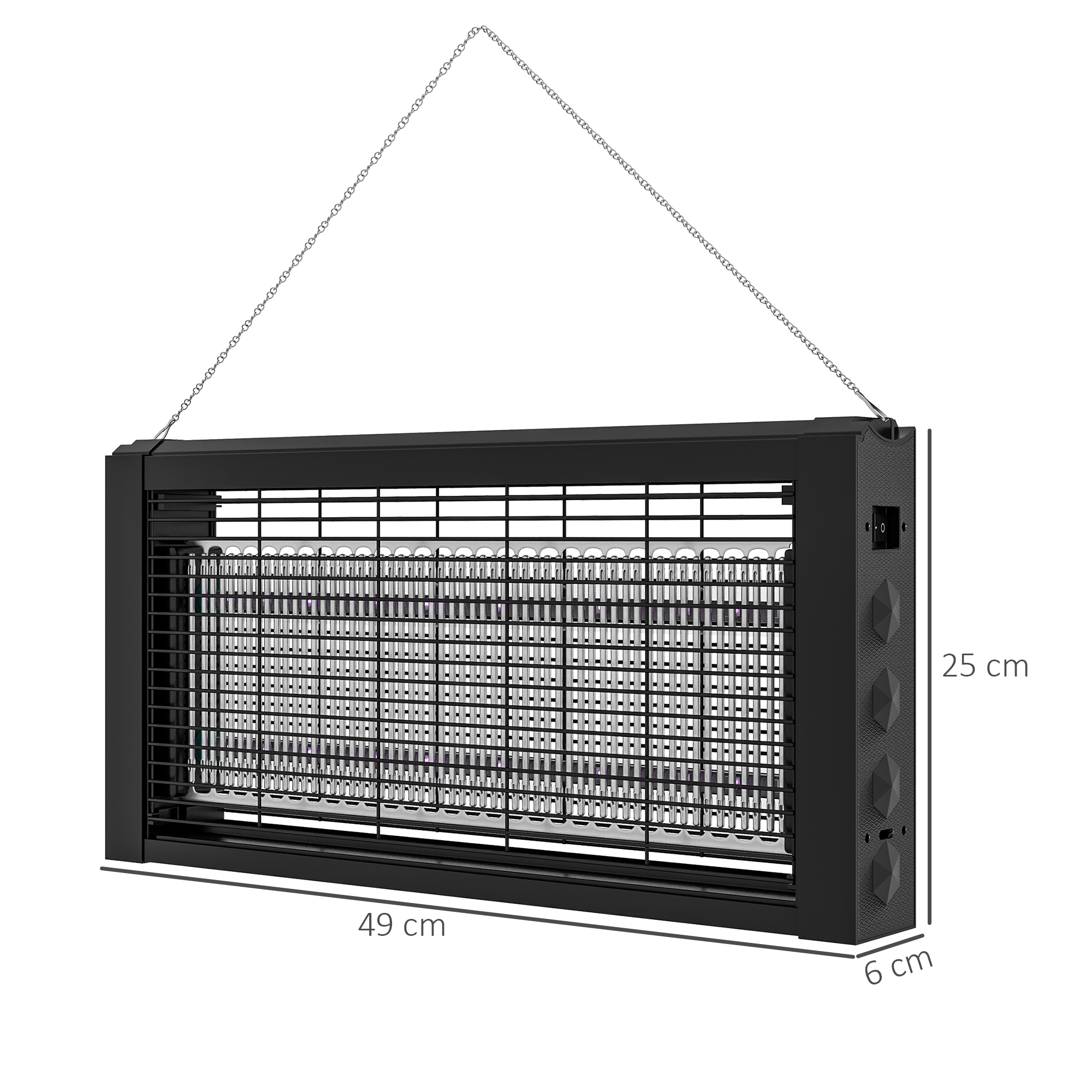 Mata insectos rectangular negro colgando de una cadena. Tiene una rejilla metálica y se muestran las dimensiones.