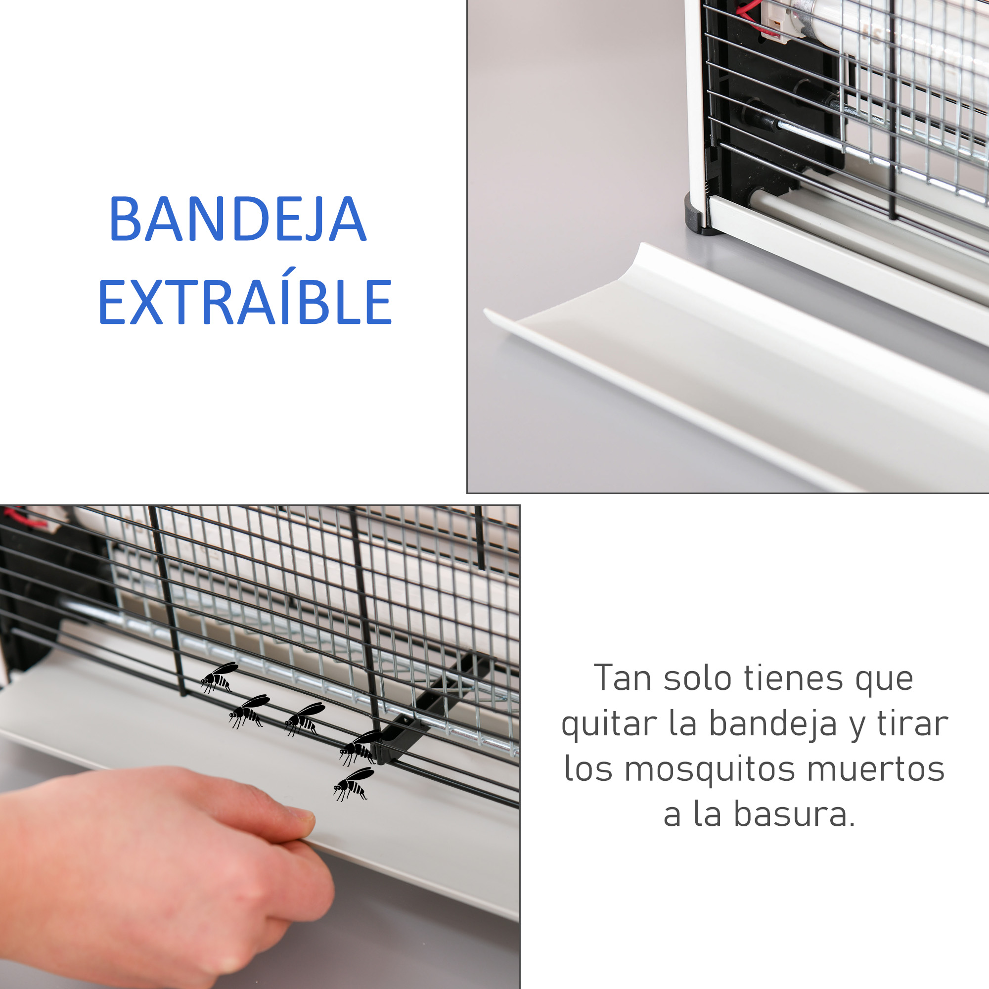 Collage de bandeja extraíble y texto sobre la eliminación de mosquitos.
