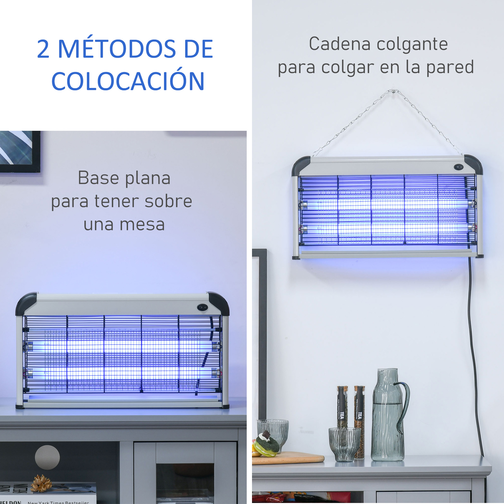 Dos matainsectos con luz azul, uno sobre mesa, otro colgado. Texto en español.