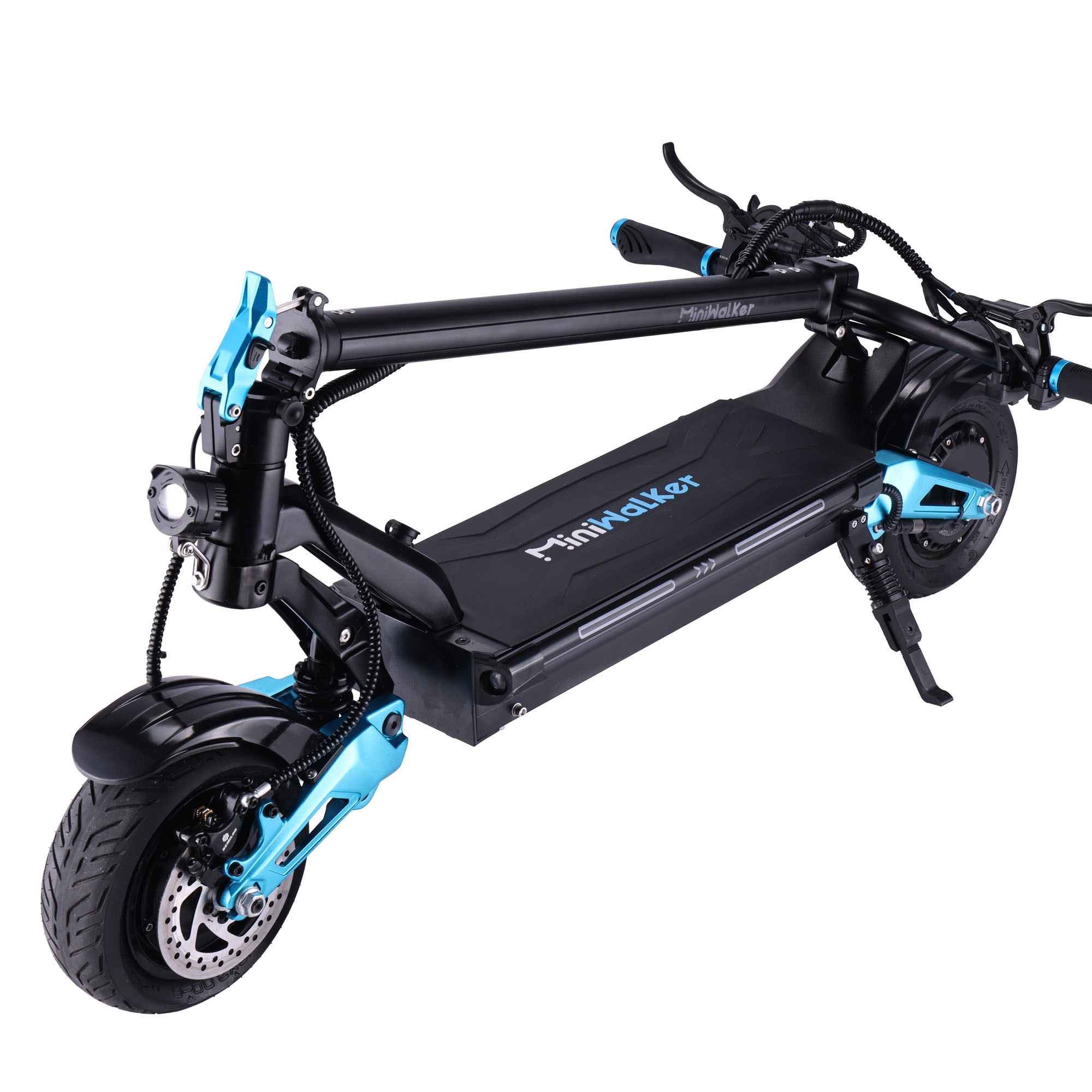 Ein schwarz-blauer Elektroroller mit dem Markennamen MiniWalker, isoliert auf Weiß.