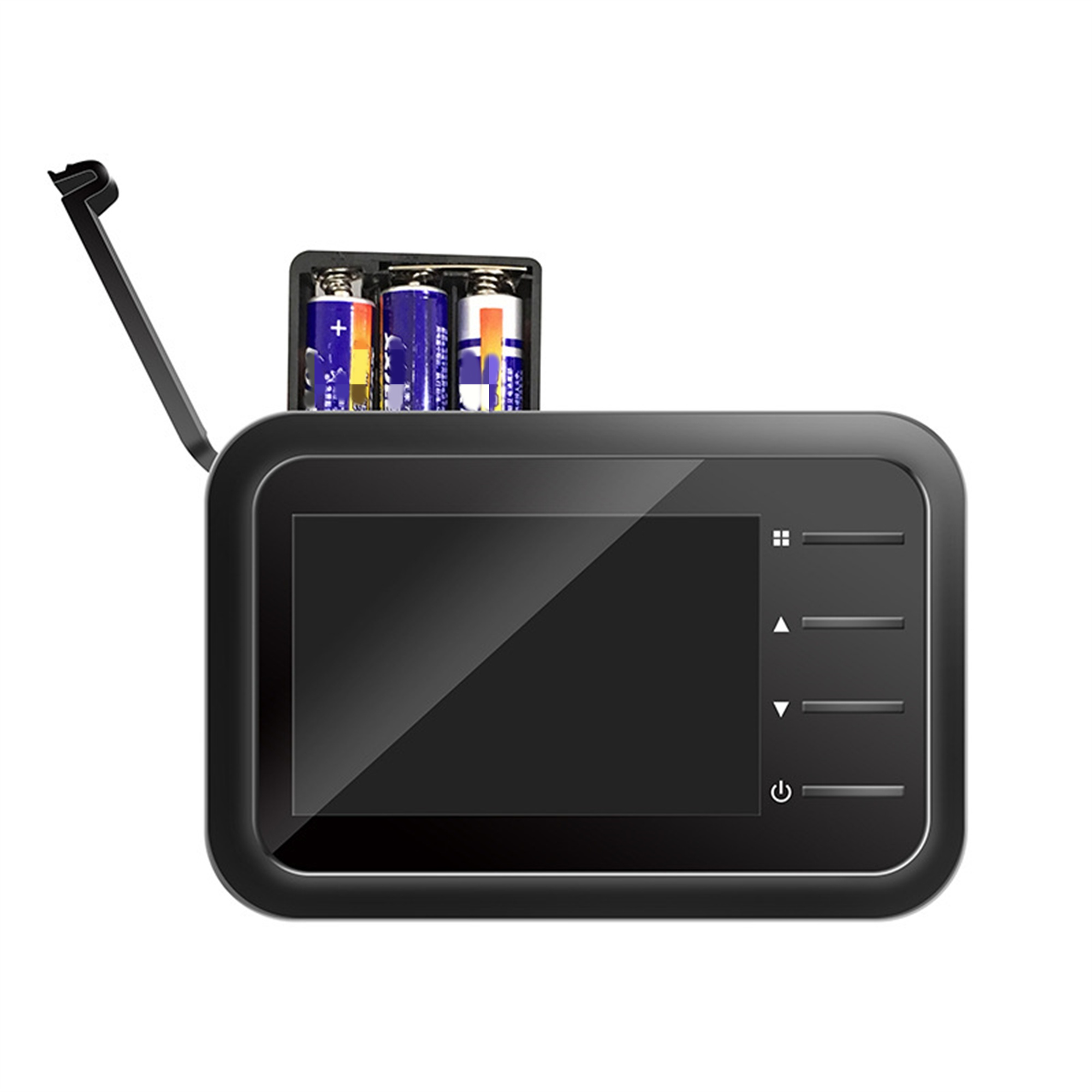 Ein schwarzes Gerät mit einem Bildschirm und drei Knöpfen. Es hat ein Fach mit Batterien darin.