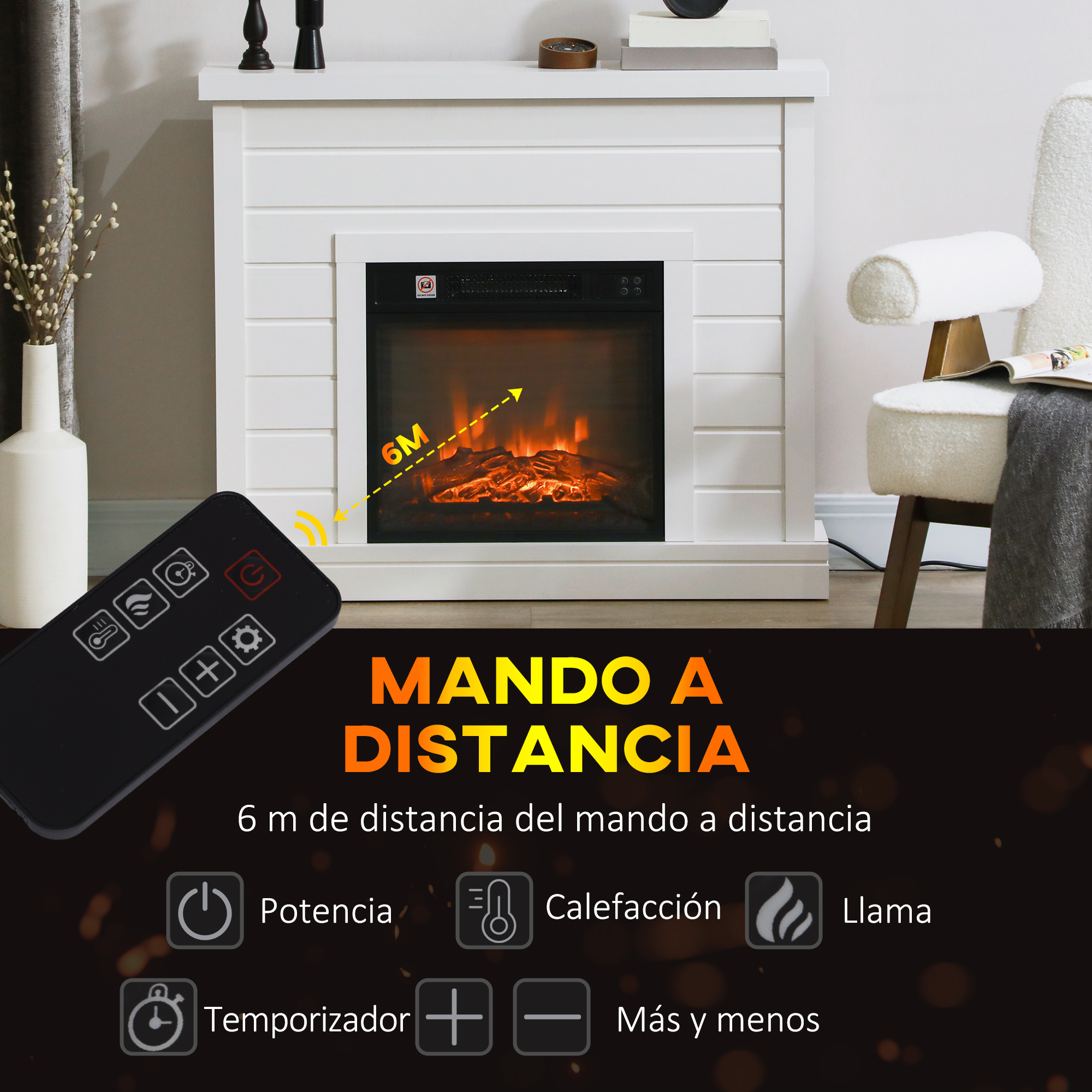 Chimenea blanca con mando a distancia y texto en español.