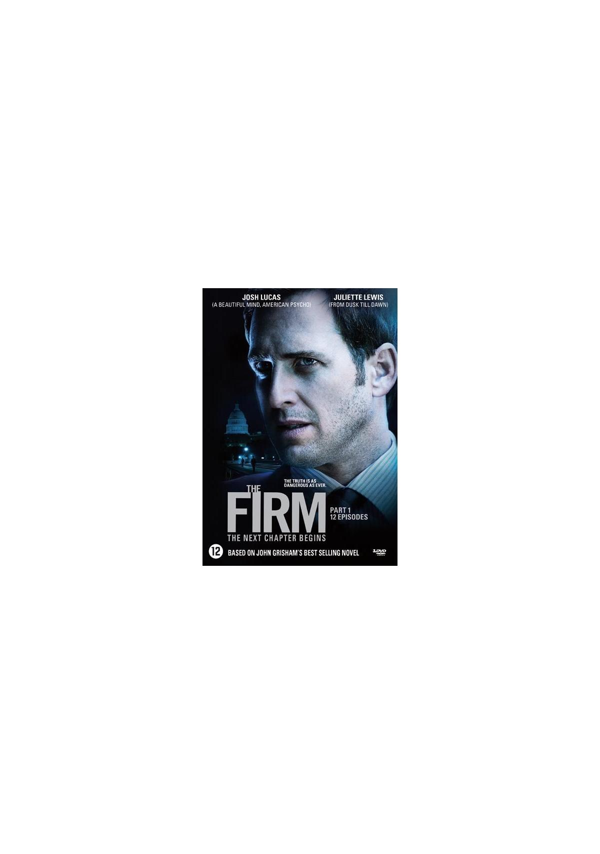 Filmposter. Gezicht van een man. Titel: The Firm, The Next Chapter Begins. Tekst over de cast en het nummer 12.