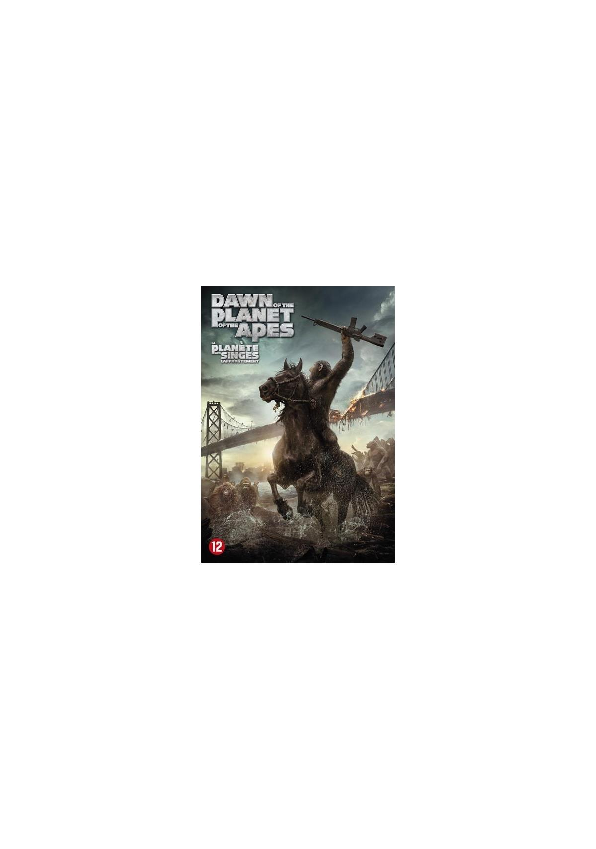 Filmposter: aap te paard met geweer, brug op de achtergrond, titel luidt Dawn of the Planet of the Apes.