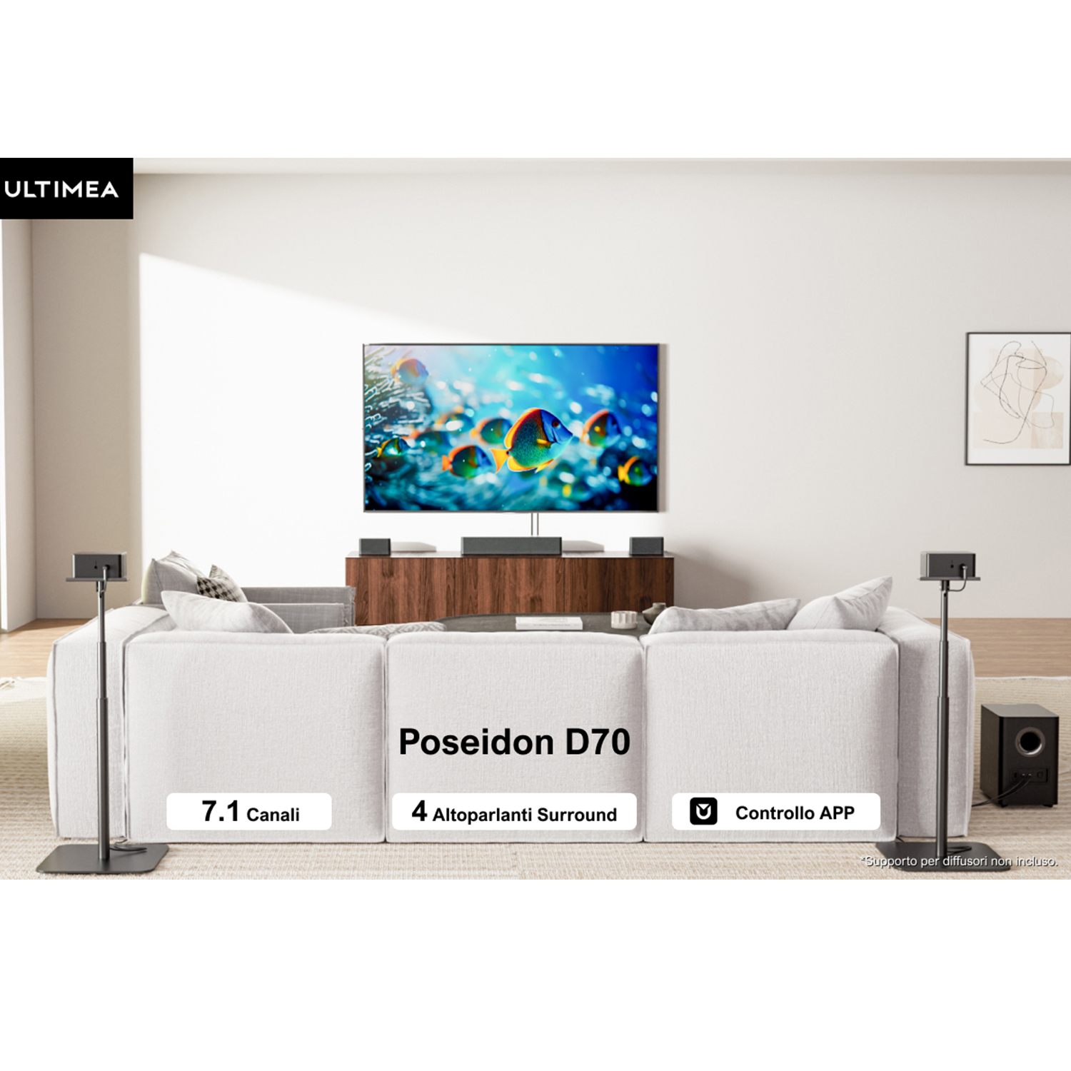 Immagine di un soggiorno con TV a parete e sistema audio.