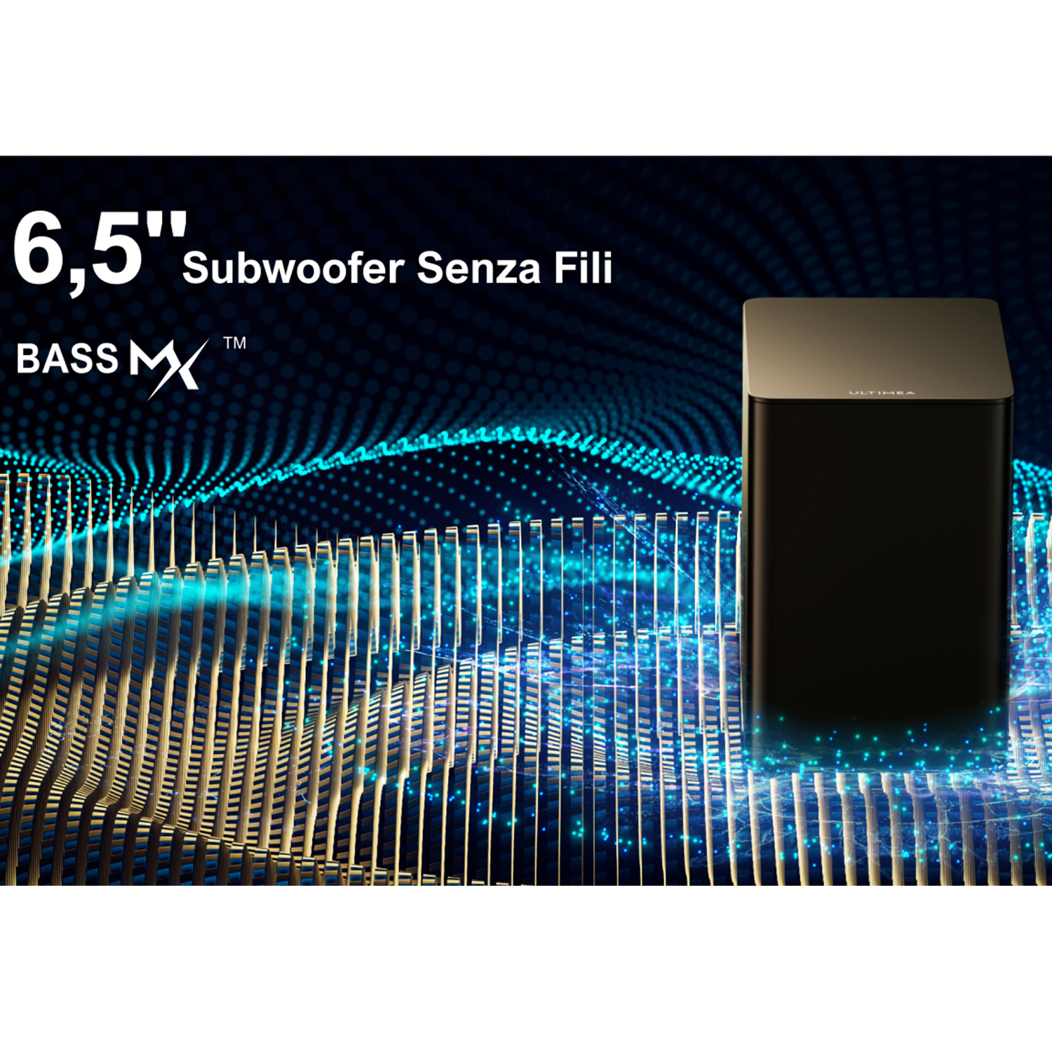 Subwoofer nero e oro, con sfondo blu e oro.
