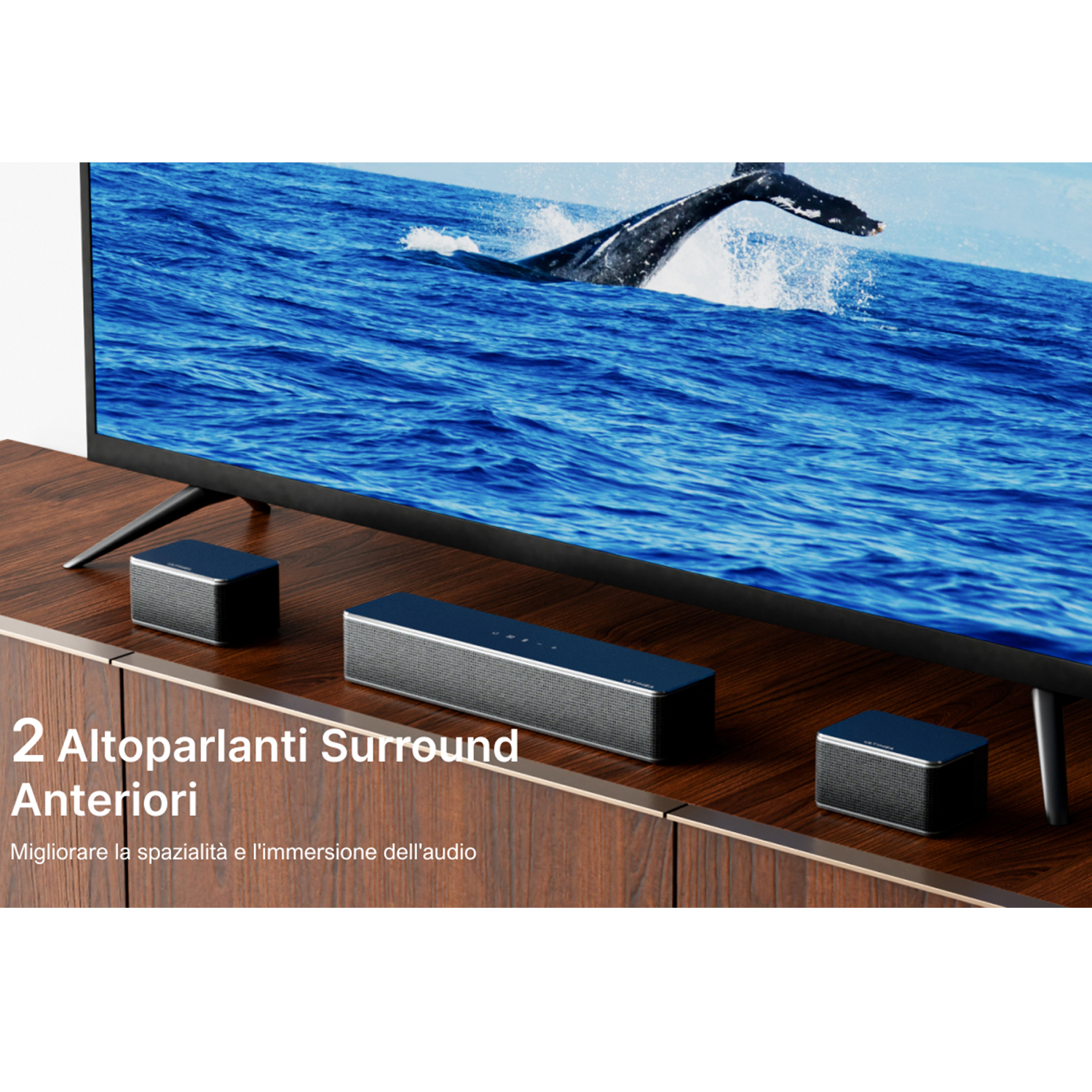 Un mobile in legno con una TV, due altoparlanti e una soundbar.