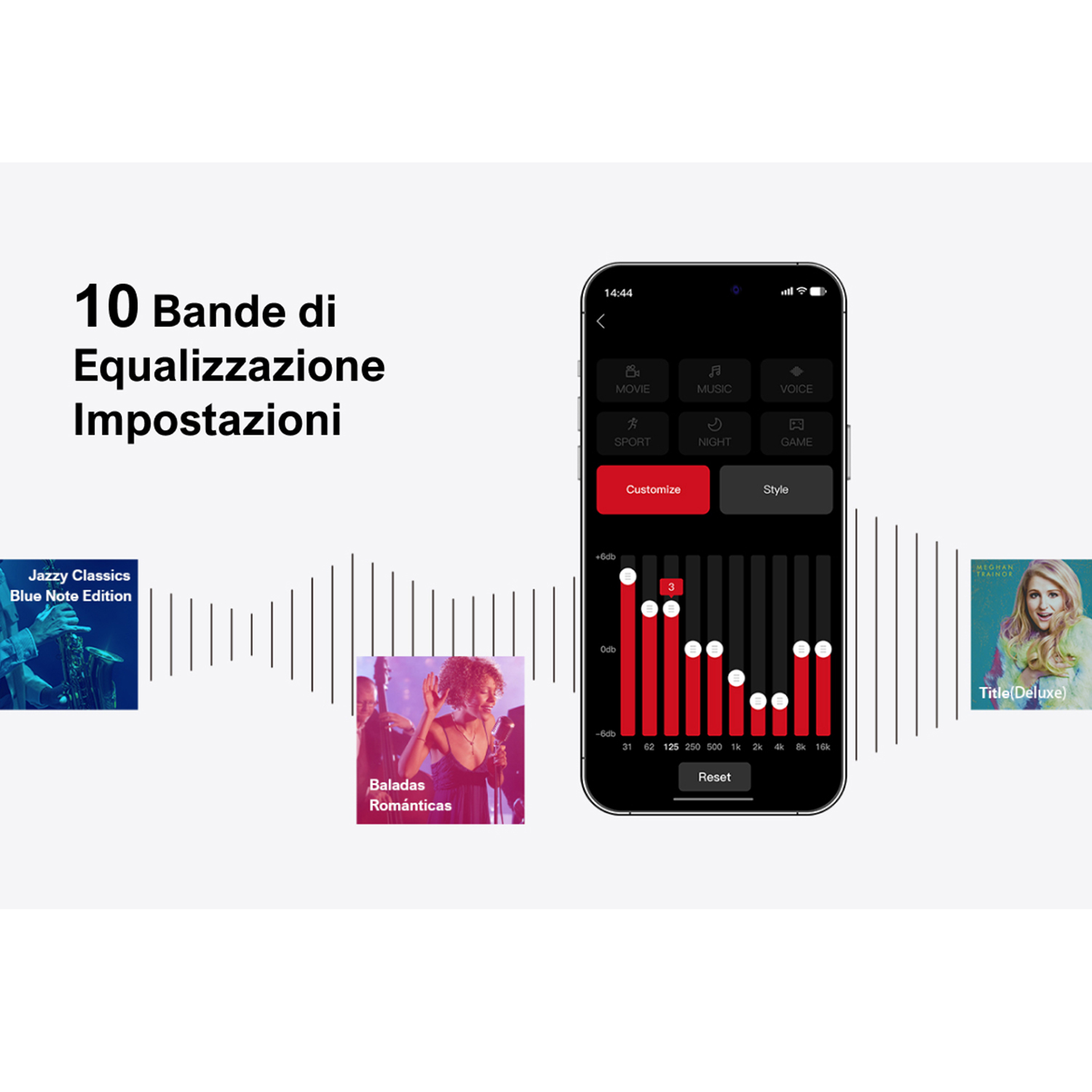 Uno schermo di smartphone che mostra un equalizzatore con opzioni musicali.