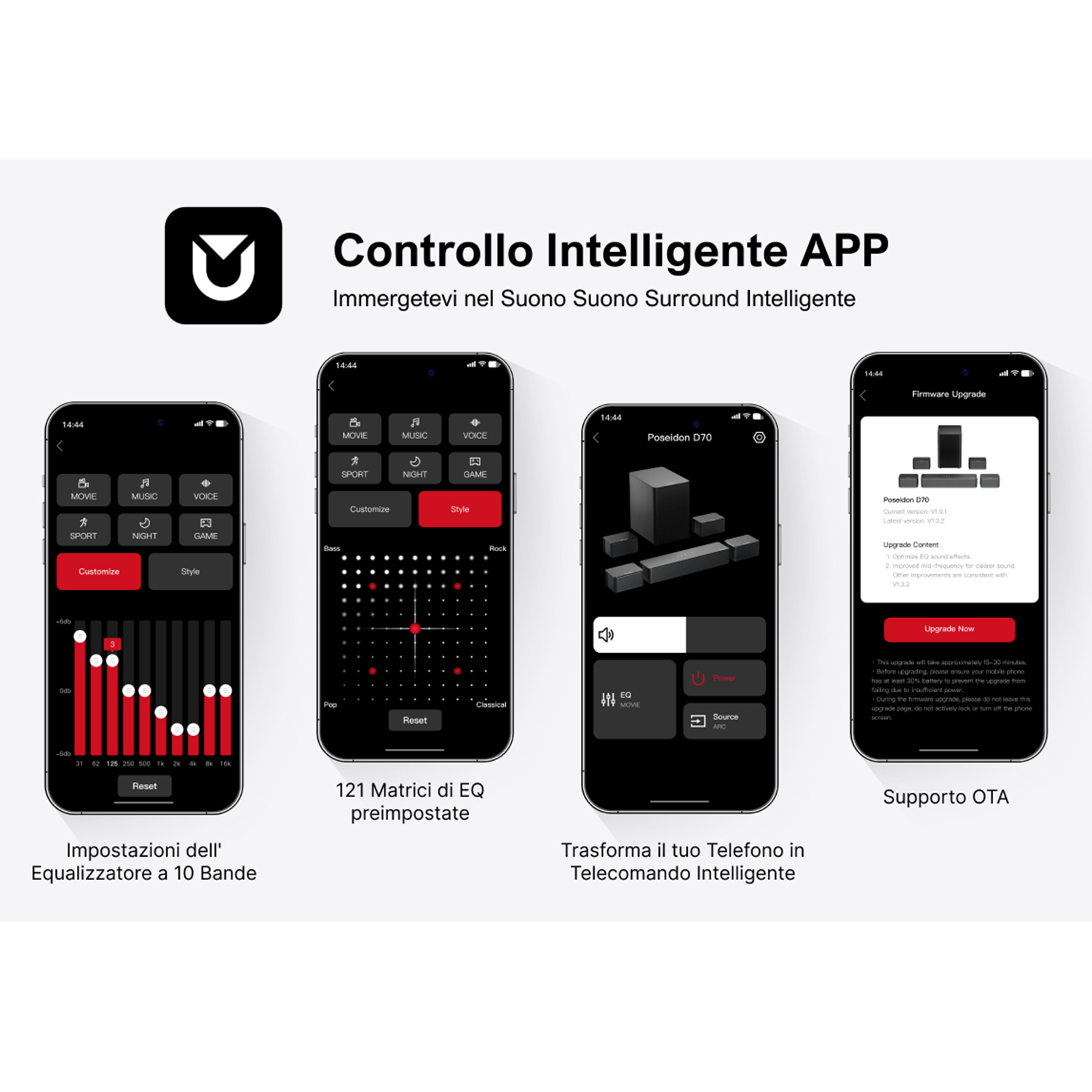 Screenshot di un'app per telefono che mostra le impostazioni dell'equalizzatore e un aggiornamento firmware per un sistema audio.