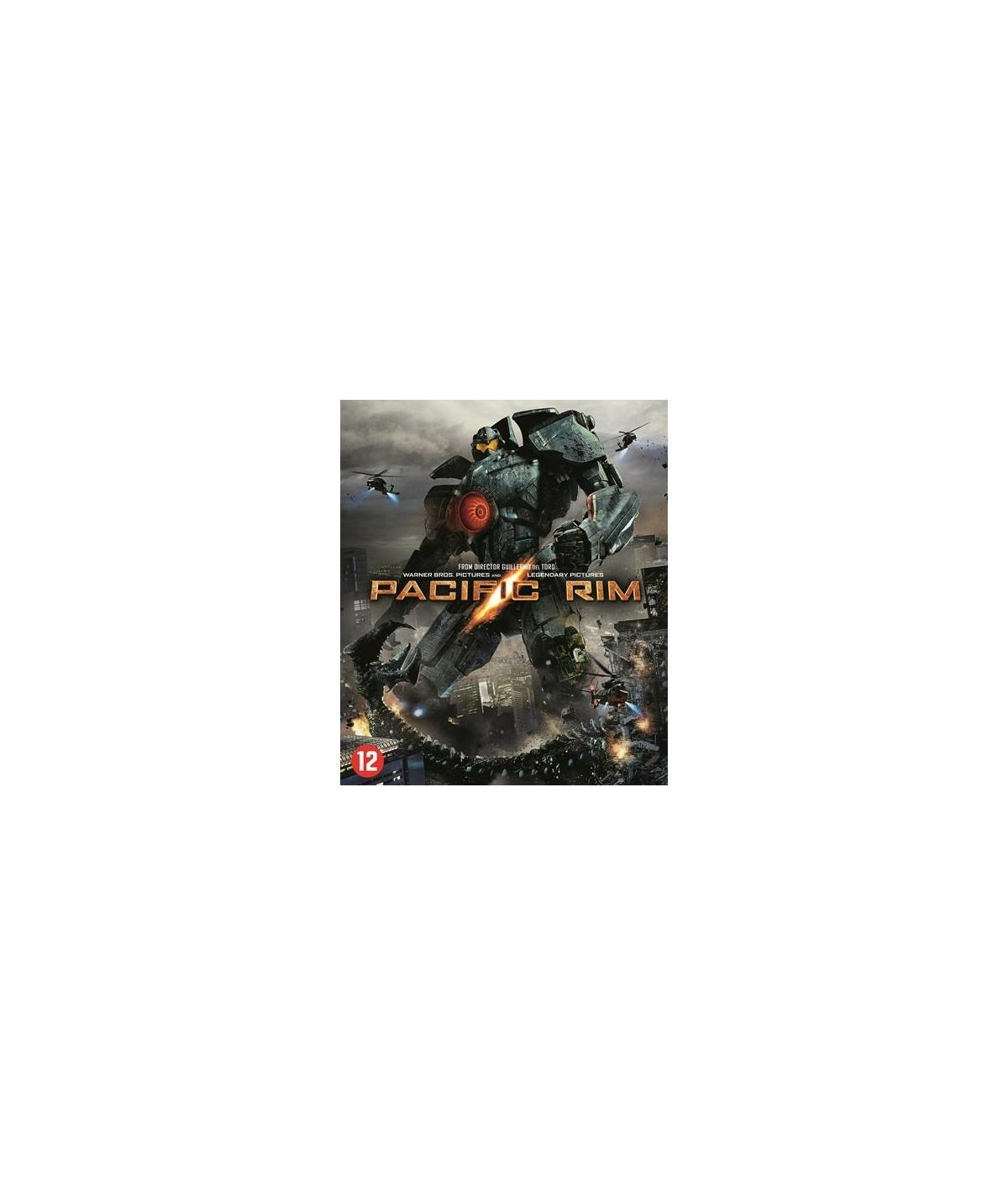 Filmposter voor Pacific Rim. Een gigantische robot staat tegenover een monster, stadsgezicht op de achtergrond.