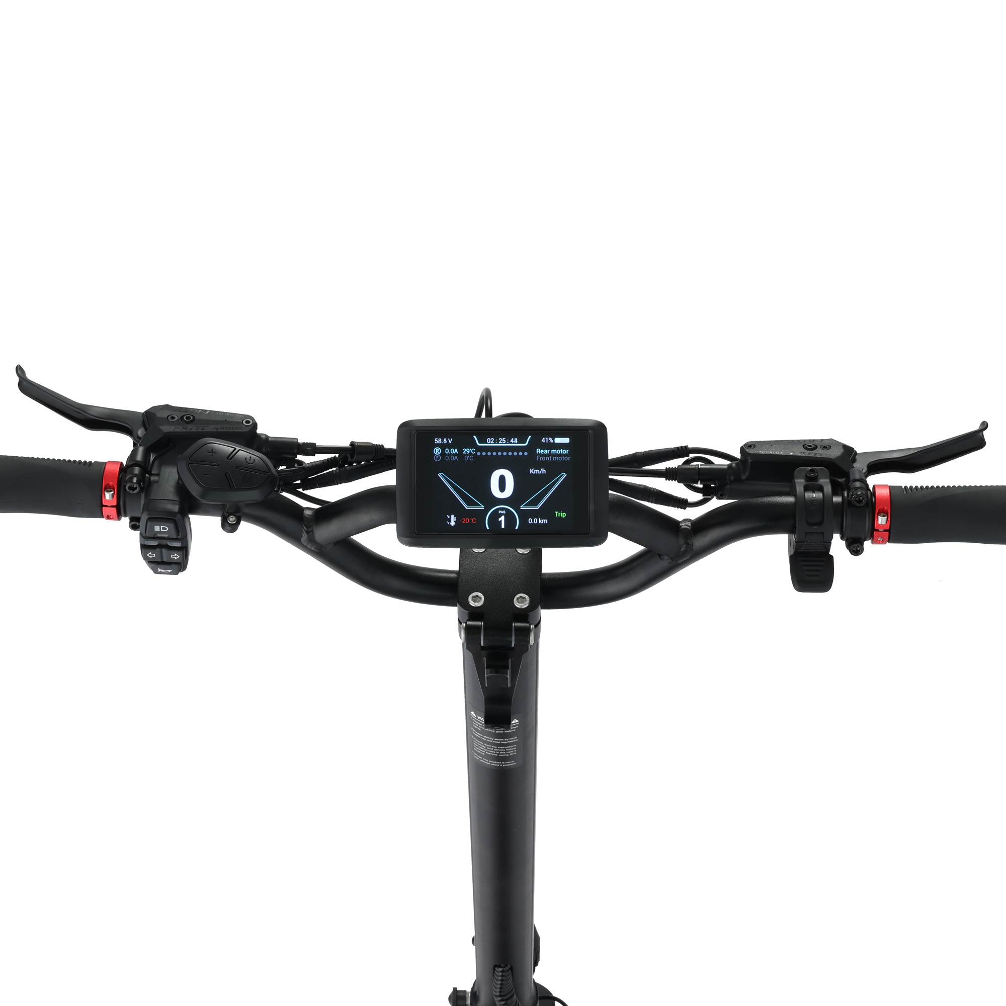 Rollerlenker mit Display, Geschwindigkeit, Batterie, Licht. Schwarze Bedienelemente und rote Akzente auf weißem Hintergrund.