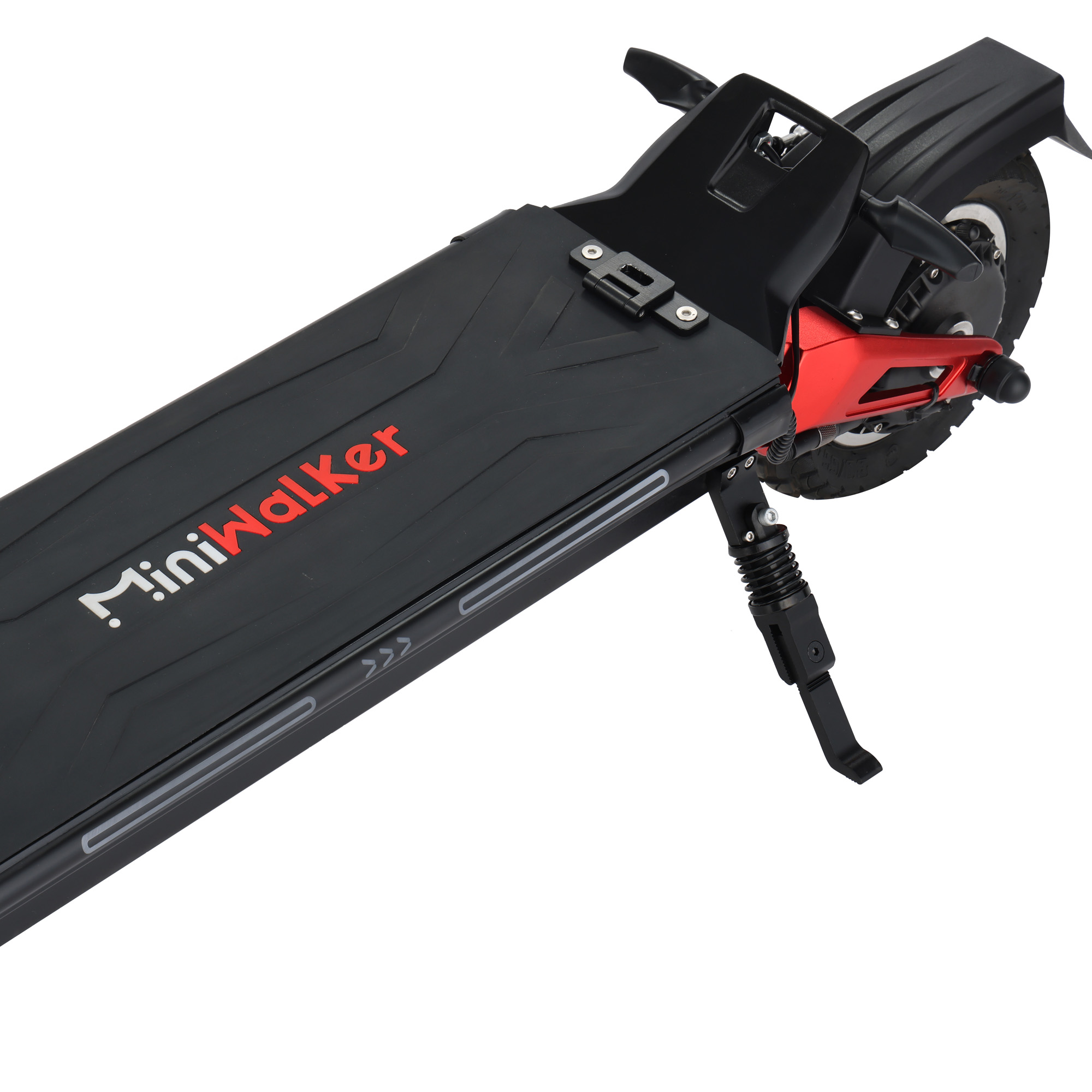 Schwarzer MiniWalker Elektroroller von unten, zeigt Deck, MiniWalker-Text und Rad.
