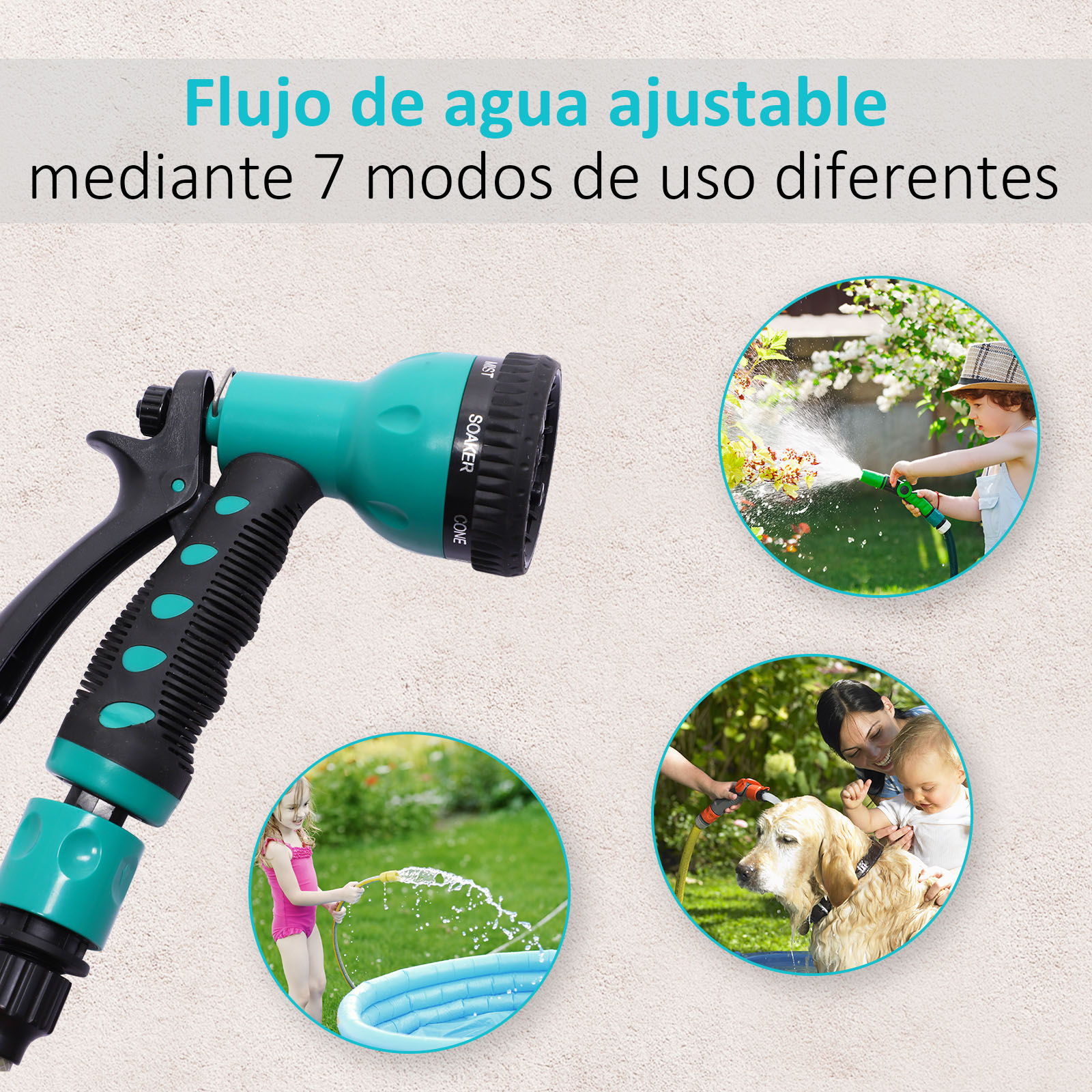 Manguera de riego con diferentes configuraciones de rociado. Ilustraciones de uso de agua en flores, niños y un perro.