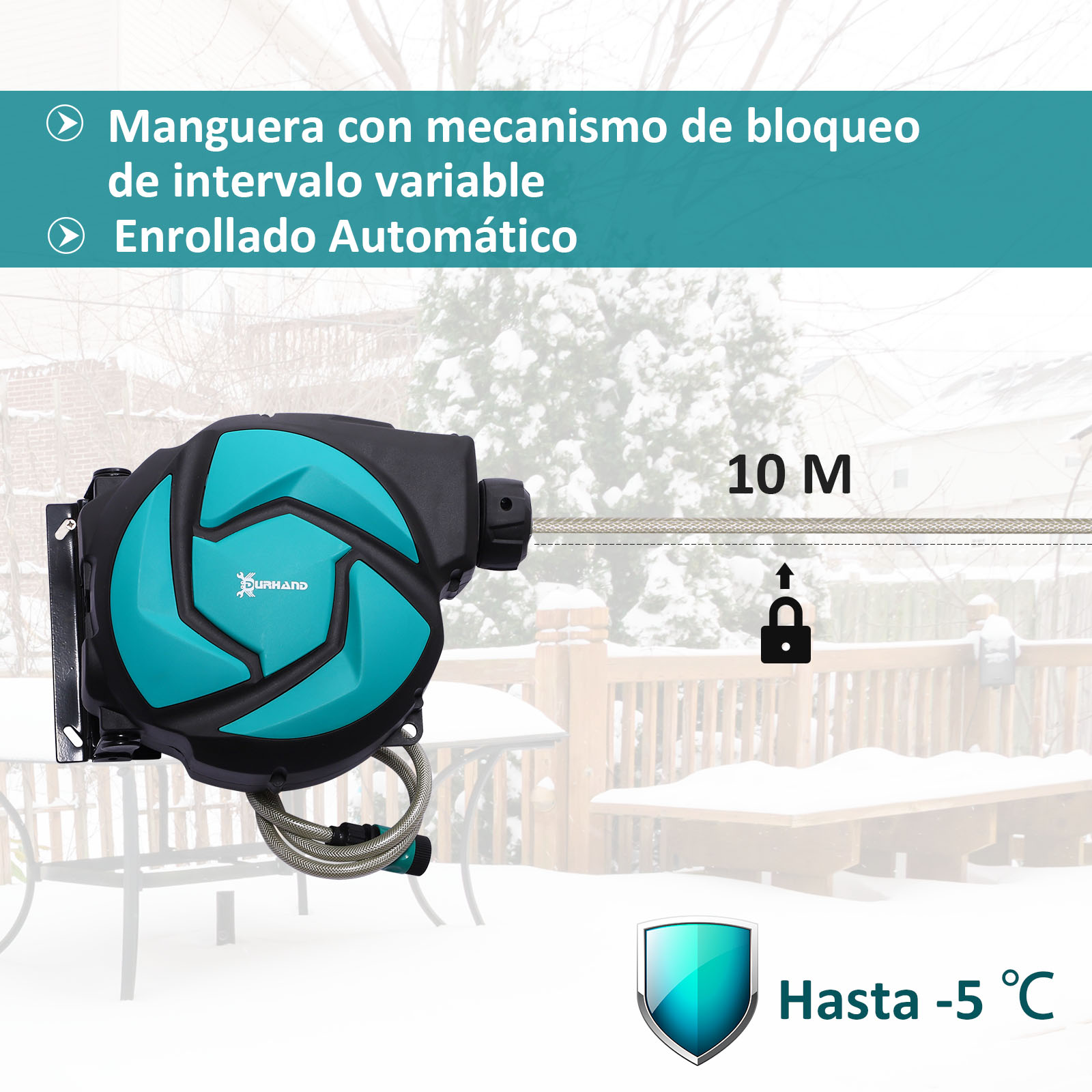 Enrollador de manguera verde y negro sobre fondo nevado, con texto sobre funciones y un candado.
