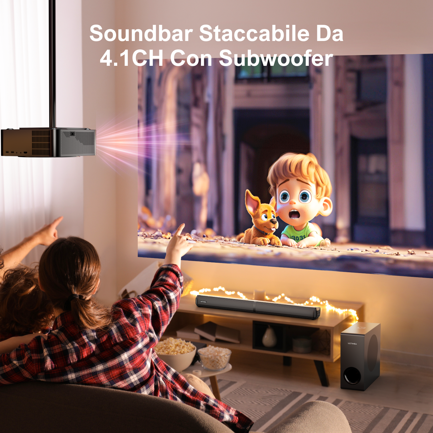 Ludzie oglądają kreskówkę na ekranie. Pod ekranem znajduje się soundbar i subwoofer.