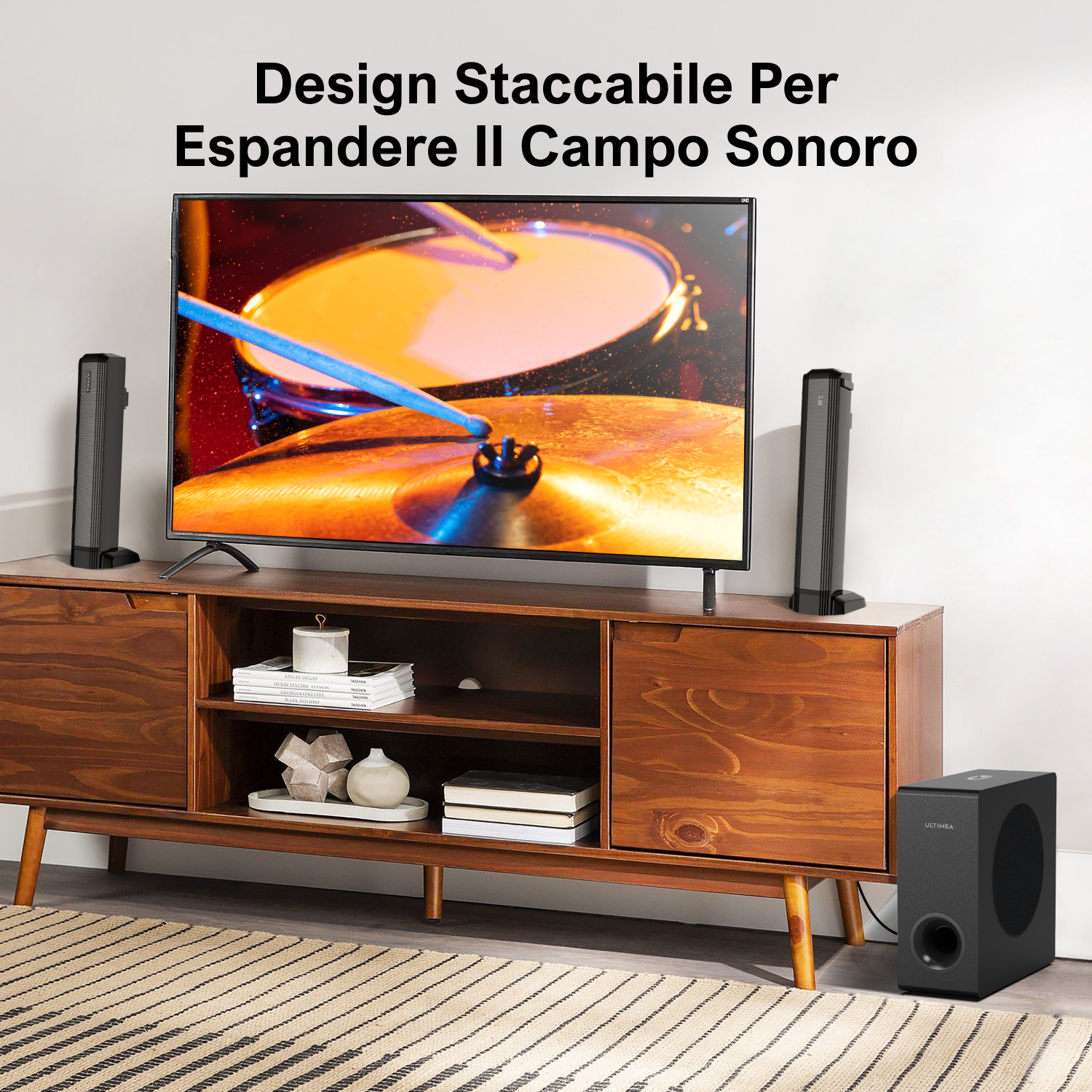 Ekran telewizora wyświetla obraz z konfiguracją głośników stereo.