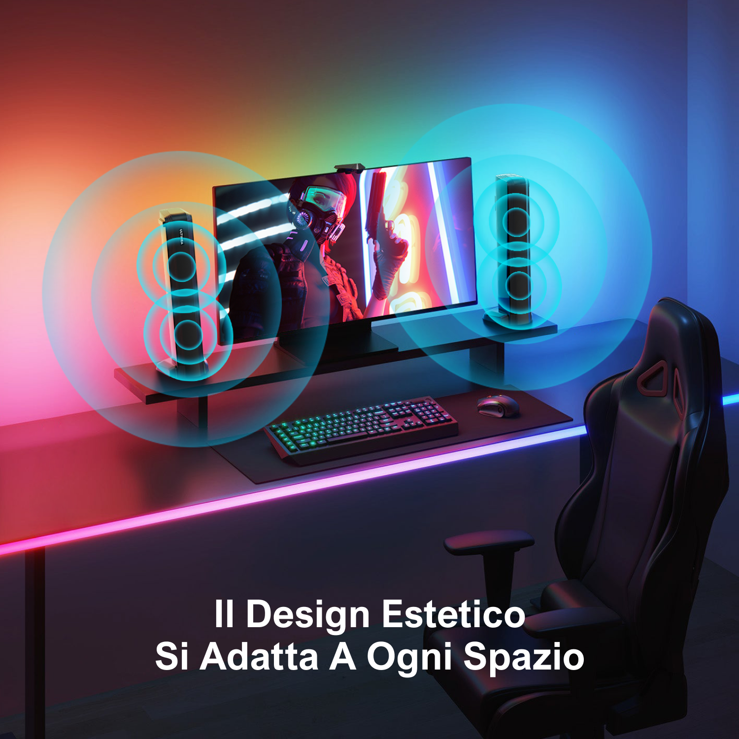 Konfiguracja do gier z monitorem, głośnikami, klawiaturą i krzesłem, świecąca kolorowymi światłami.