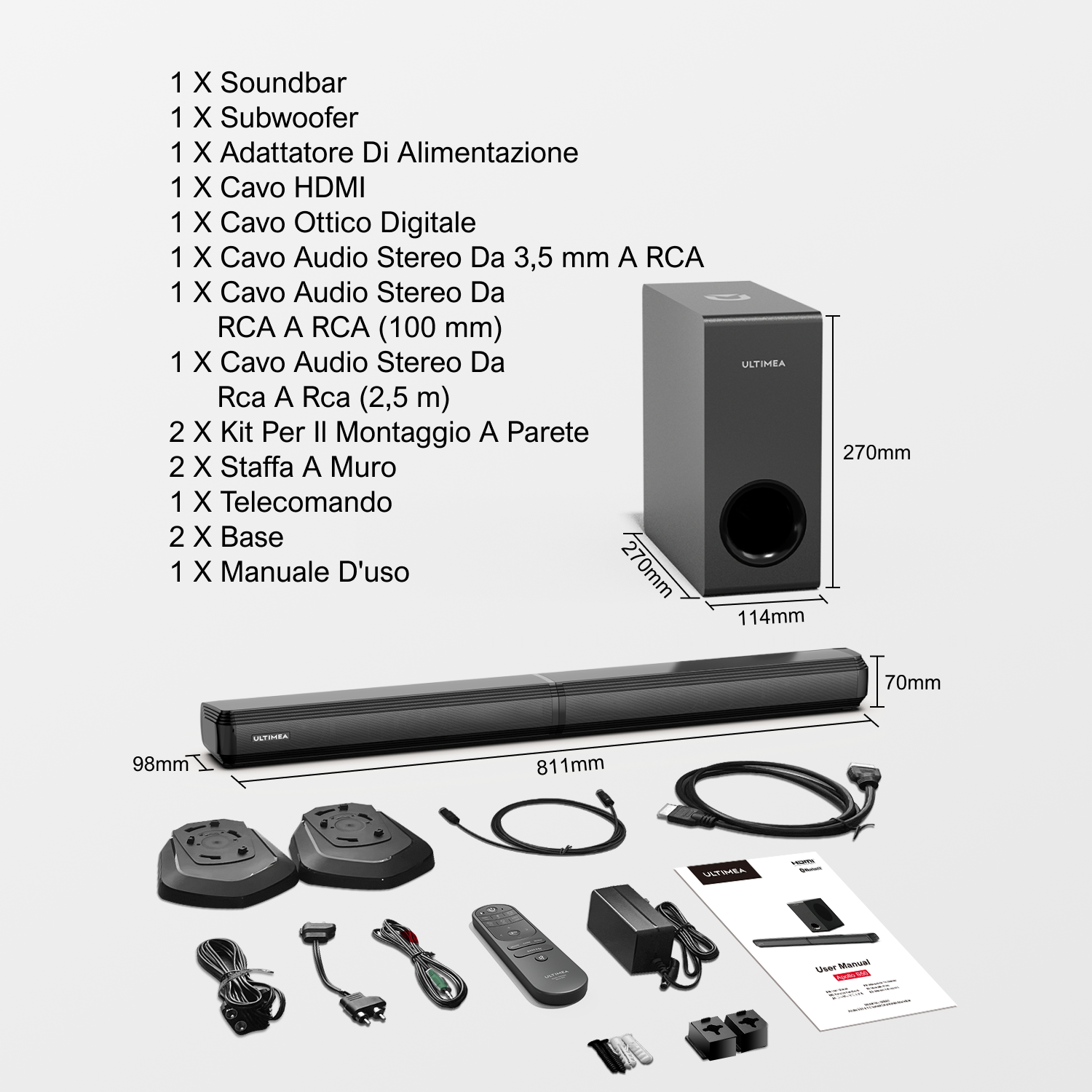 Scatola di componenti del sistema audio: soundbar, subwoofer, cavi, ecc.