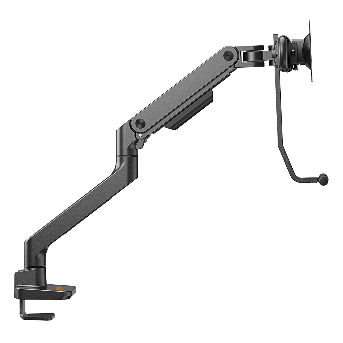 Ein metallener Monitorarm, montiert und abgewinkelt, mit weißem Hintergrund.